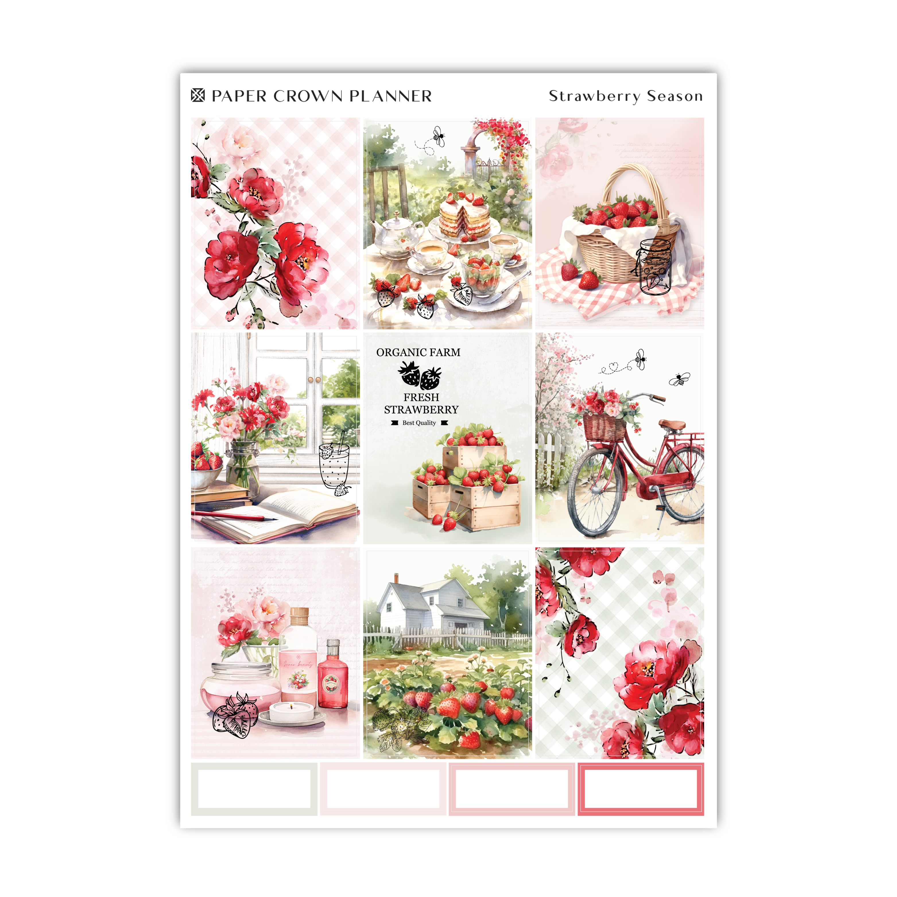 a sticker sheet with flowers and a bicycle