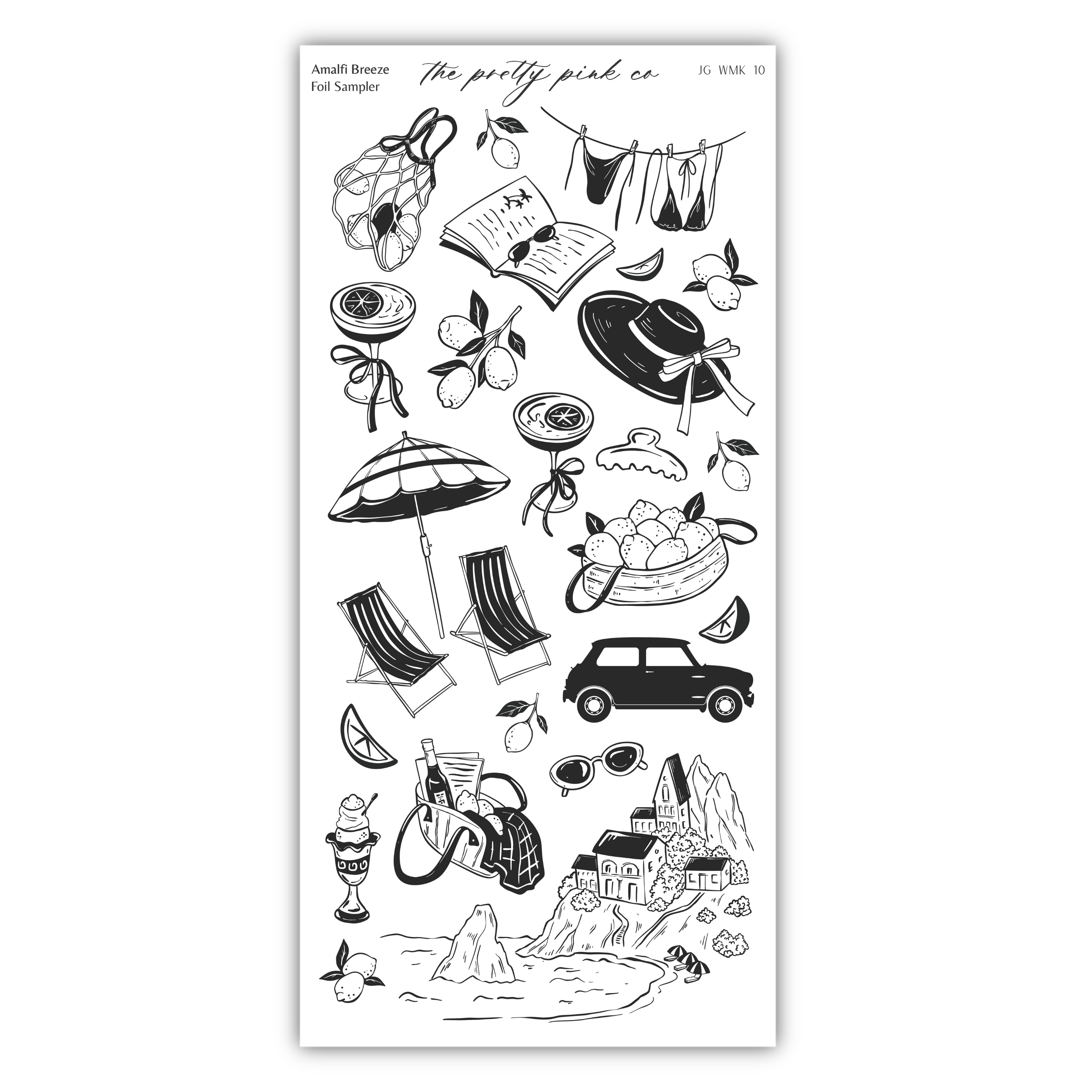 various objects and scenes, including a beach, a car, a book, a hat, a basket, a house, a tree, a boat, a beach umbrella, sunglasses, and a handbag.