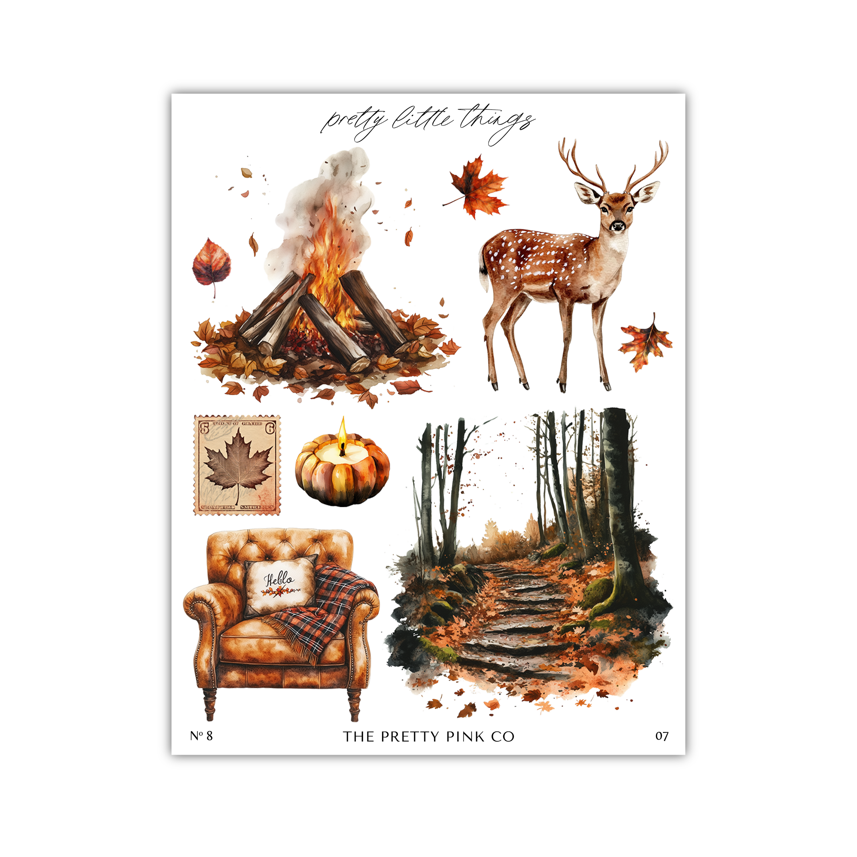 The image is a collage of various autumn-themed elements, including a deer, a campfire, a pumpkin, a chair, and a forest path.