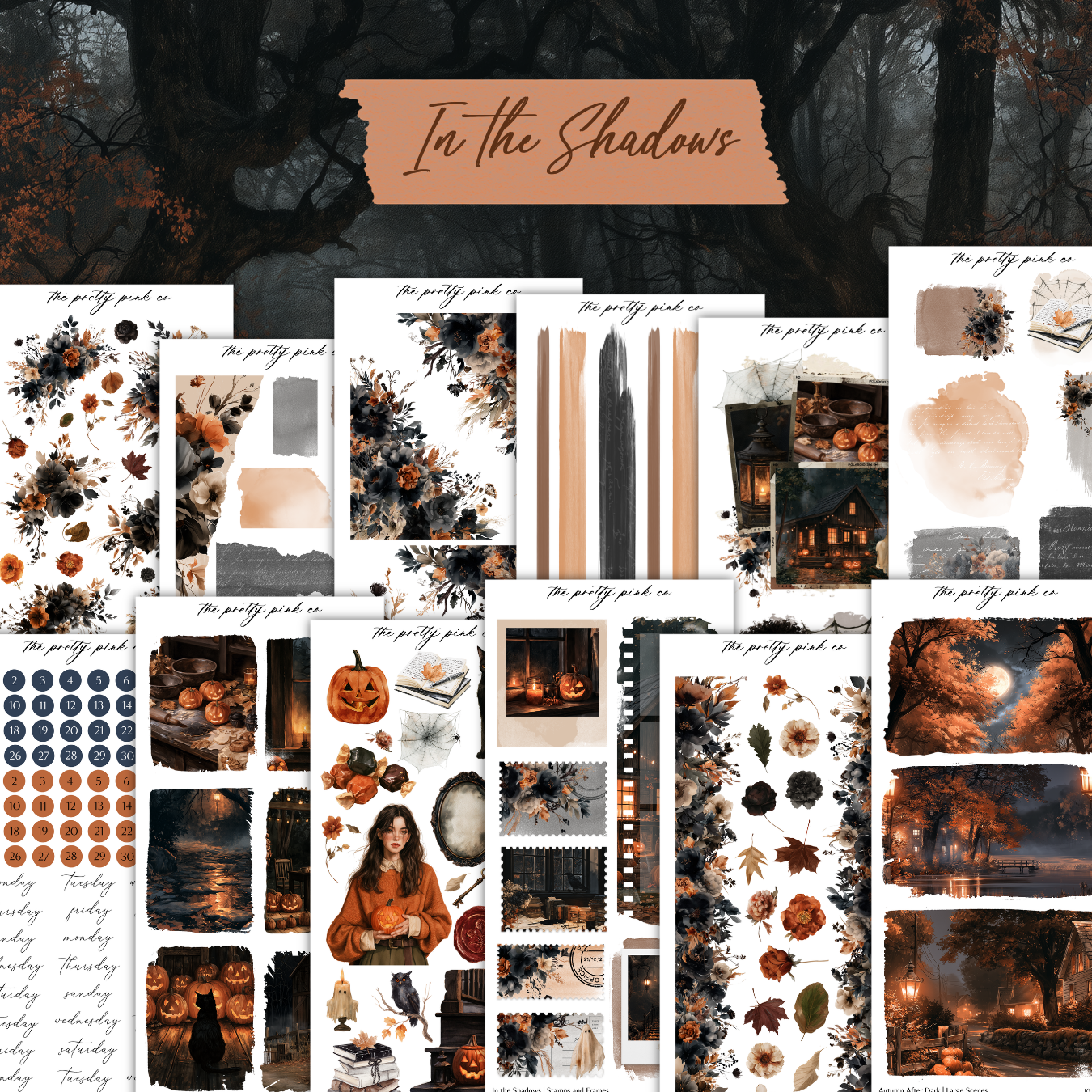 The image is a collage of various Halloween-themed images, including pumpkins, bats, skulls, and other spooky elements. The collage is titled "In the Shadows" and includes a variety of Halloween-related elements, such as pumpkins, bats, skulls, and other decorations.