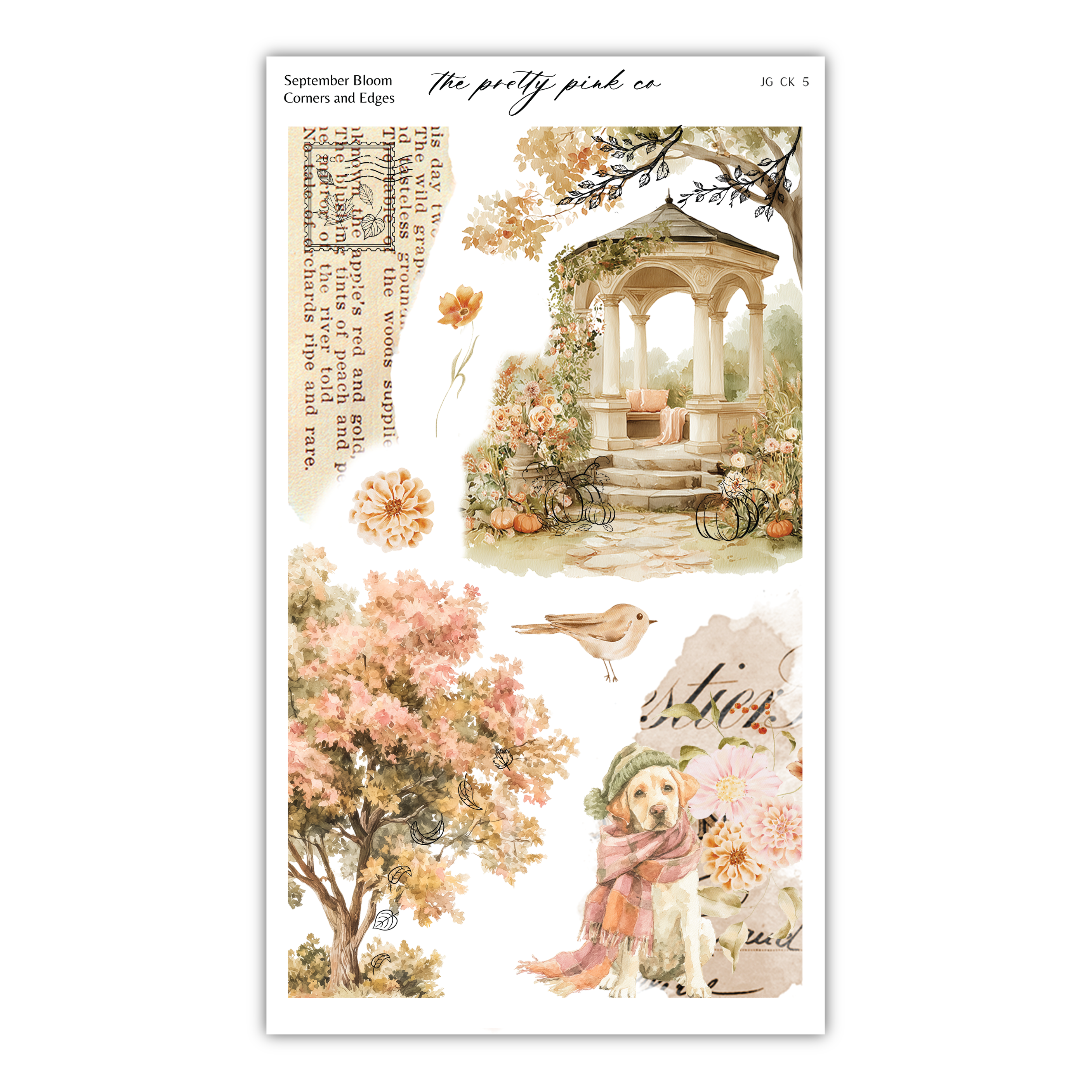 The image is a collage of various autumn-themed elements, including a gazebo, trees, flowers, and a dog.