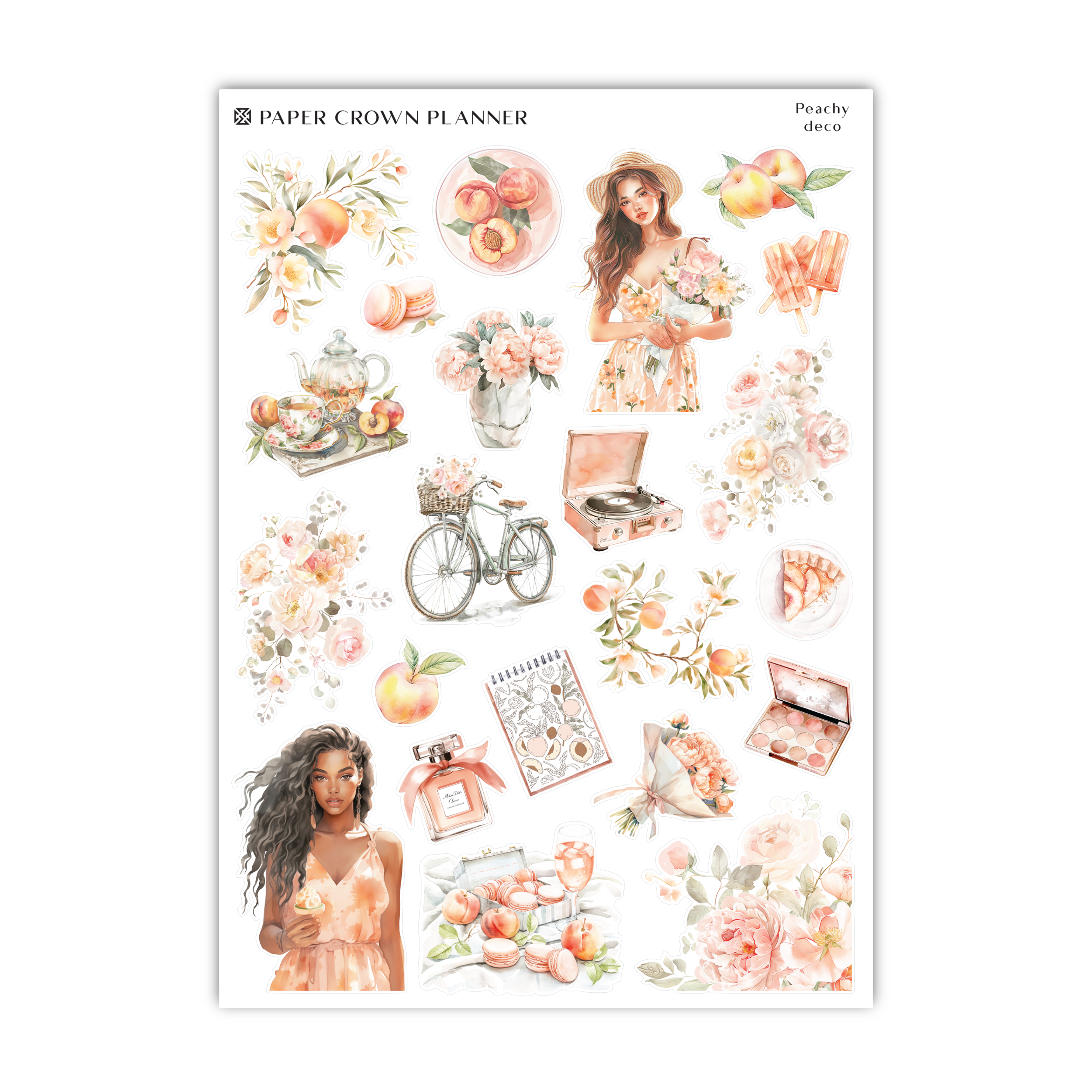 a sticker sheet with a woman surrounded by flowers