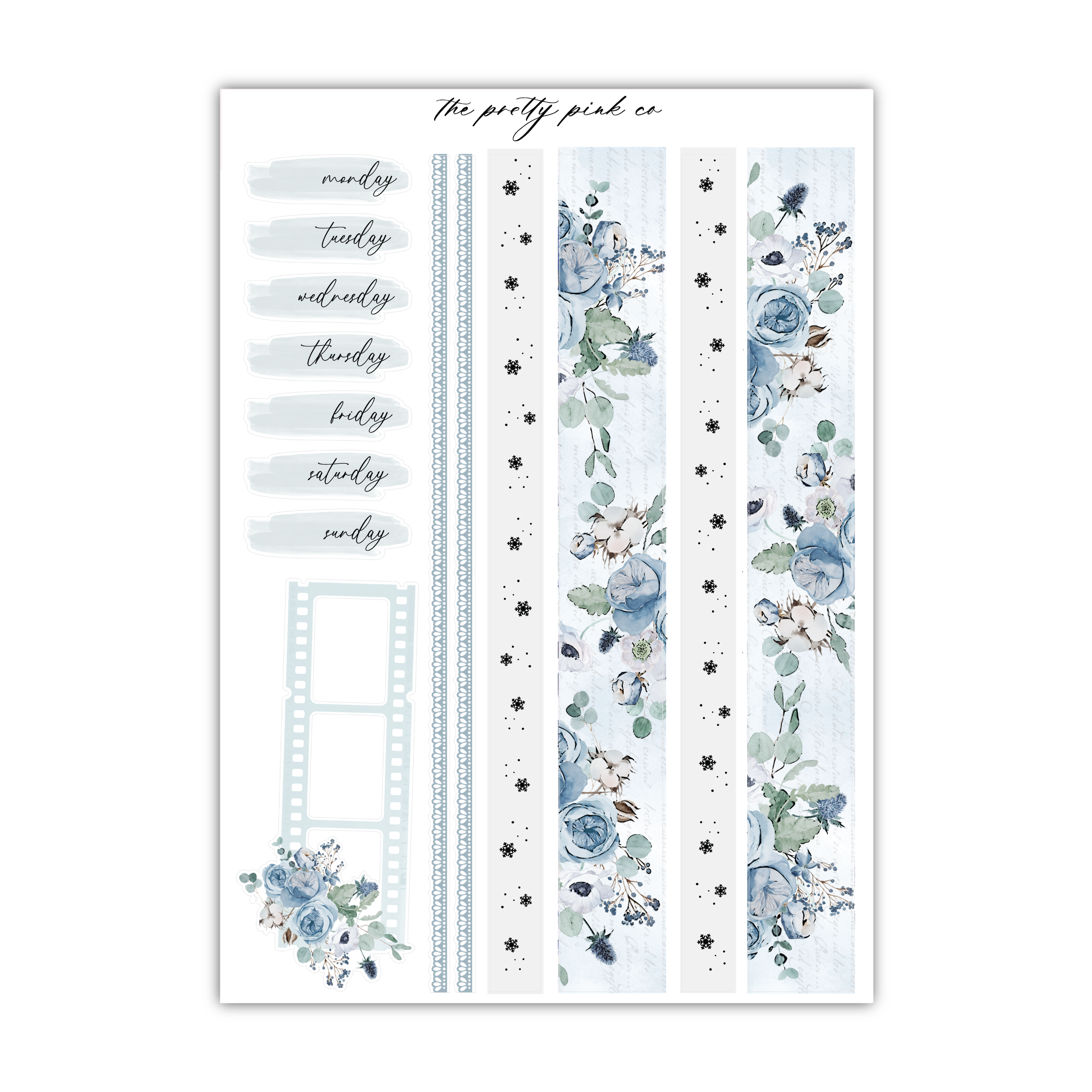 a blue and white striped sticker with flowers on it