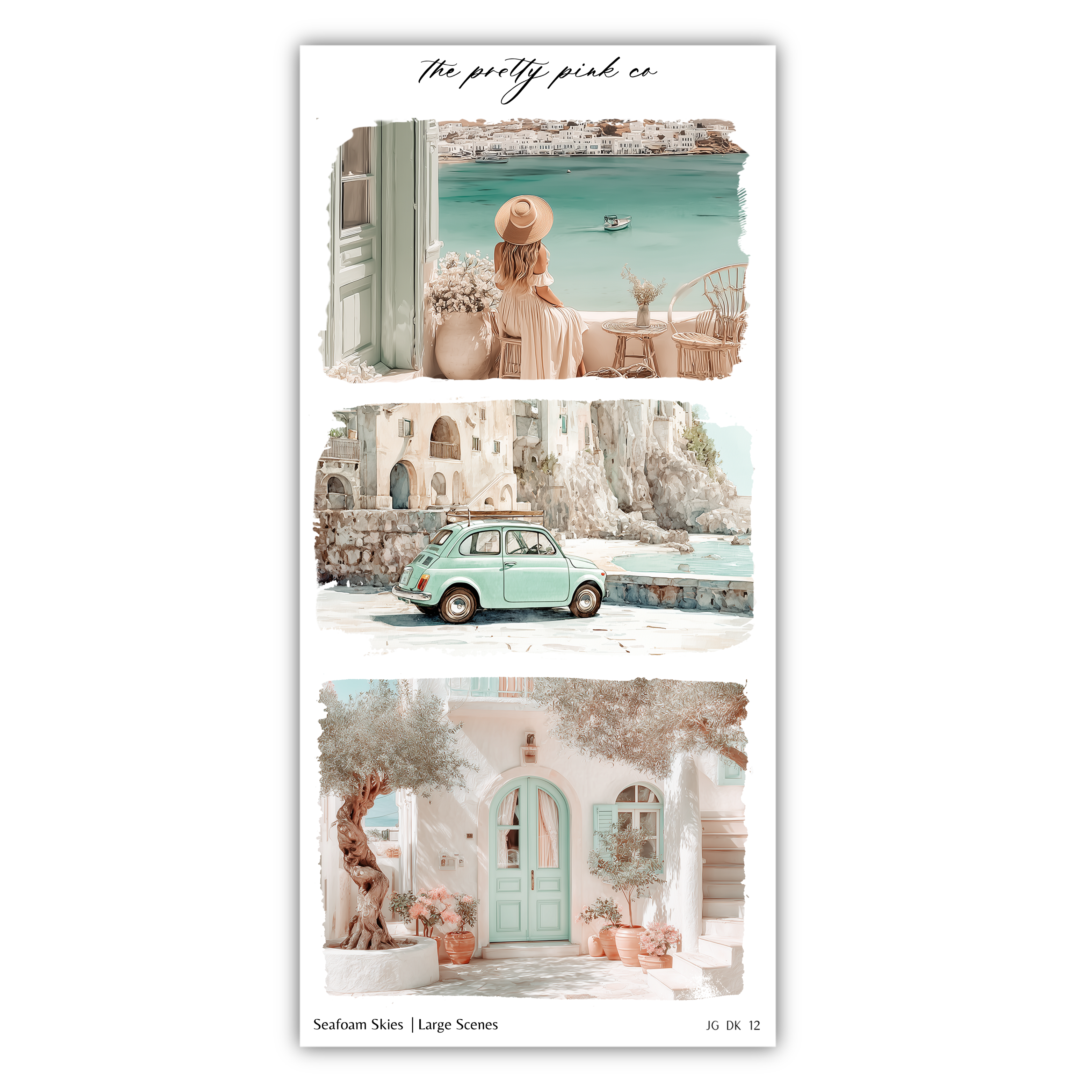 The image is a collage of three pictures depicting various scenes, including a woman in a hat, a small green car, and a coastal town.