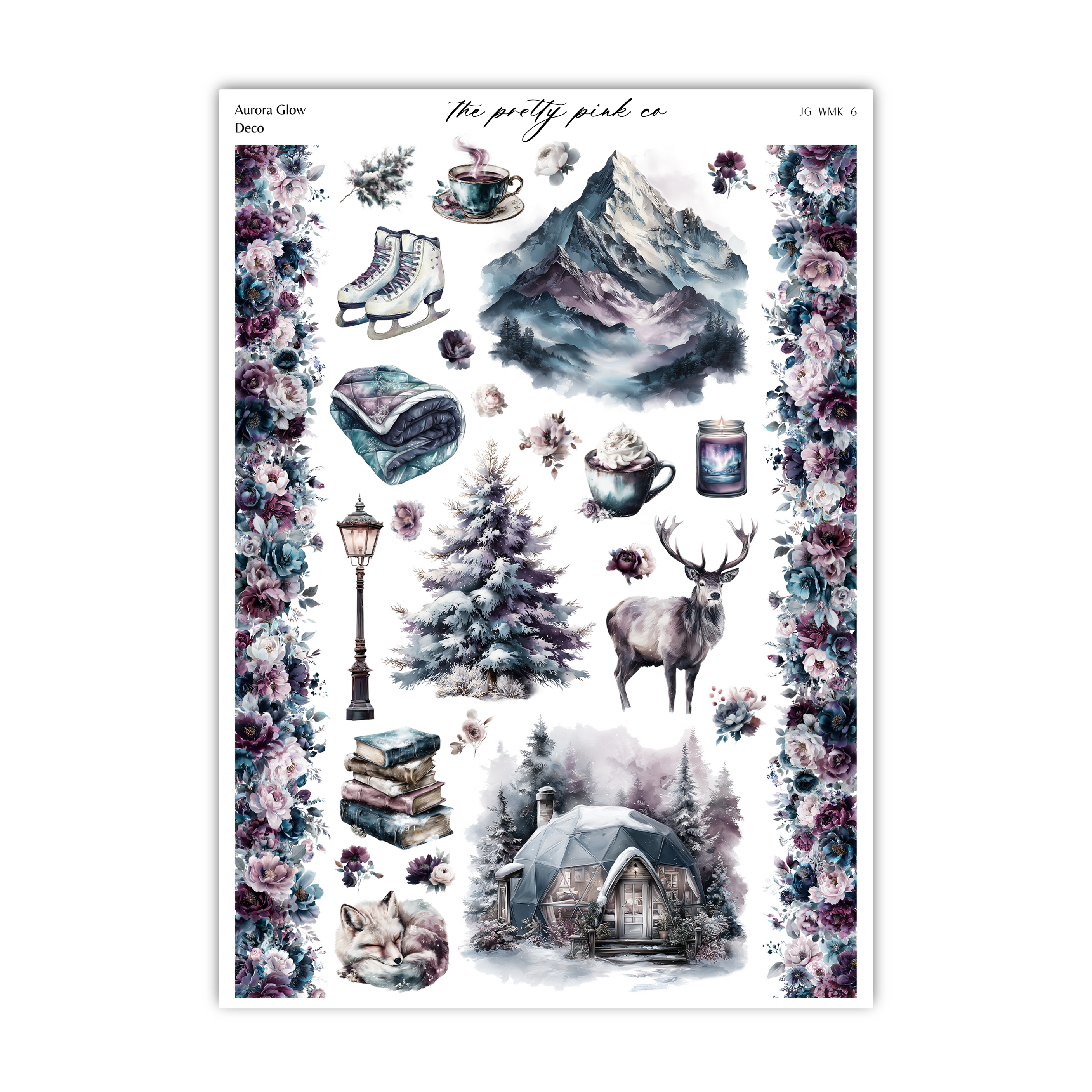 The image is a collage of various winter-themed elements, including a snow-covered mountain, a cozy cabin, a deer, a lantern, and a cup of hot chocolate. The collage is framed by a border of purple flowers, creating a visually appealing and harmonious composition.
