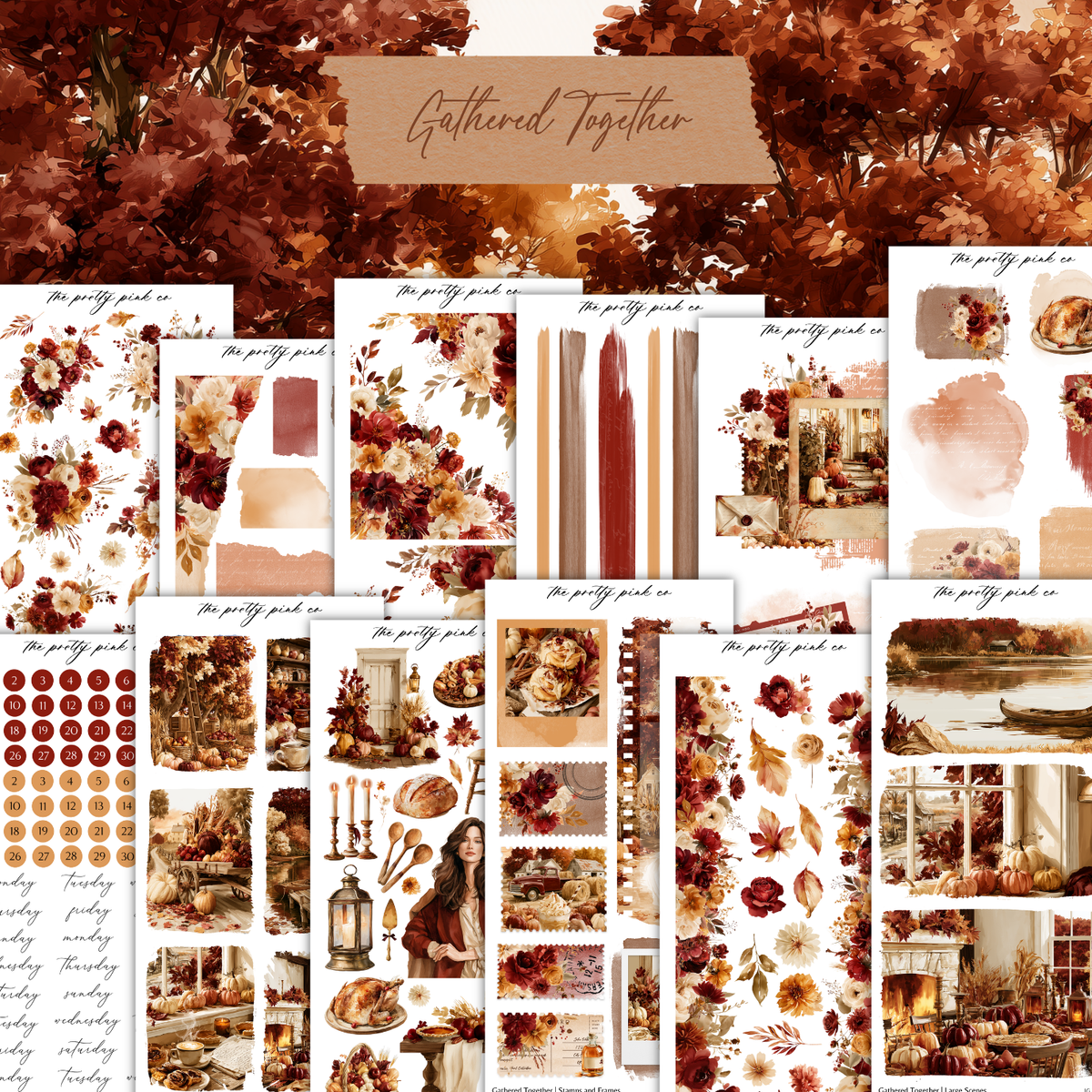 The image is a collage of various autumn-themed images, including floral arrangements, pumpkins, and other seasonal elements. The collage is titled "Gathered Together" and includes a variety of autumn-themed elements, such as leaves, flowers, and other natural elements. The collage is not a single image but a collection of multiple images that come together to create a cohesive autumn-themed theme.