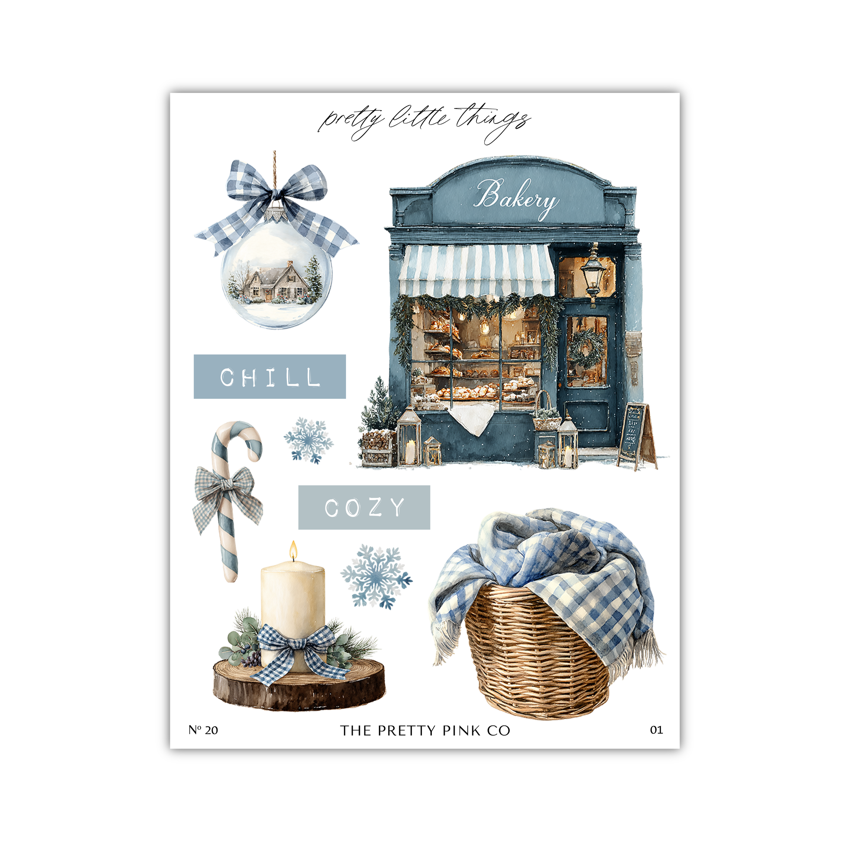 The image is a collage of various winter-themed items, including a bakery, a candle, a wicker basket, and a snowflake.