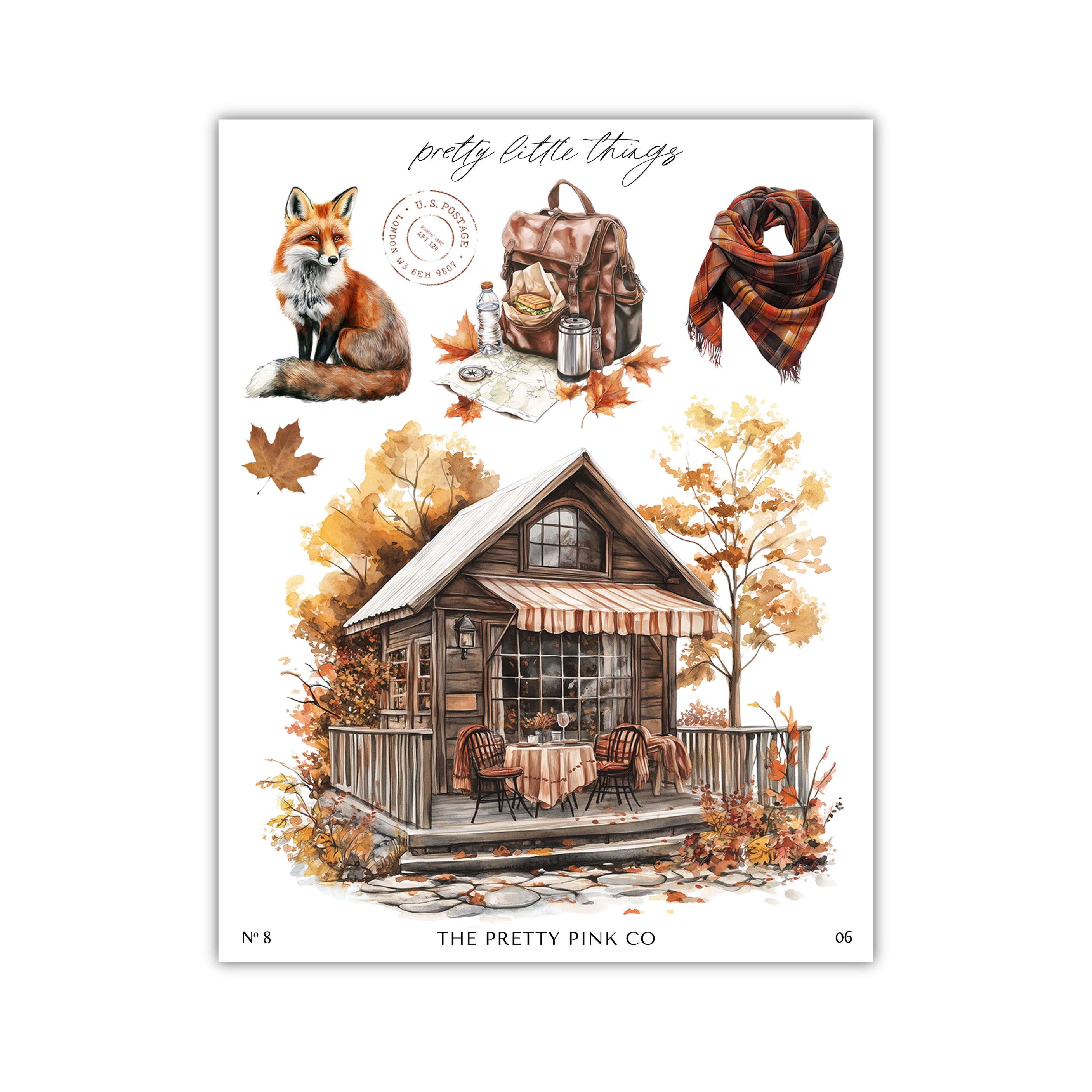The image is a collage of various autumn-themed elements, including a fox, a cabin, a scarf, a backpack, and a map.
