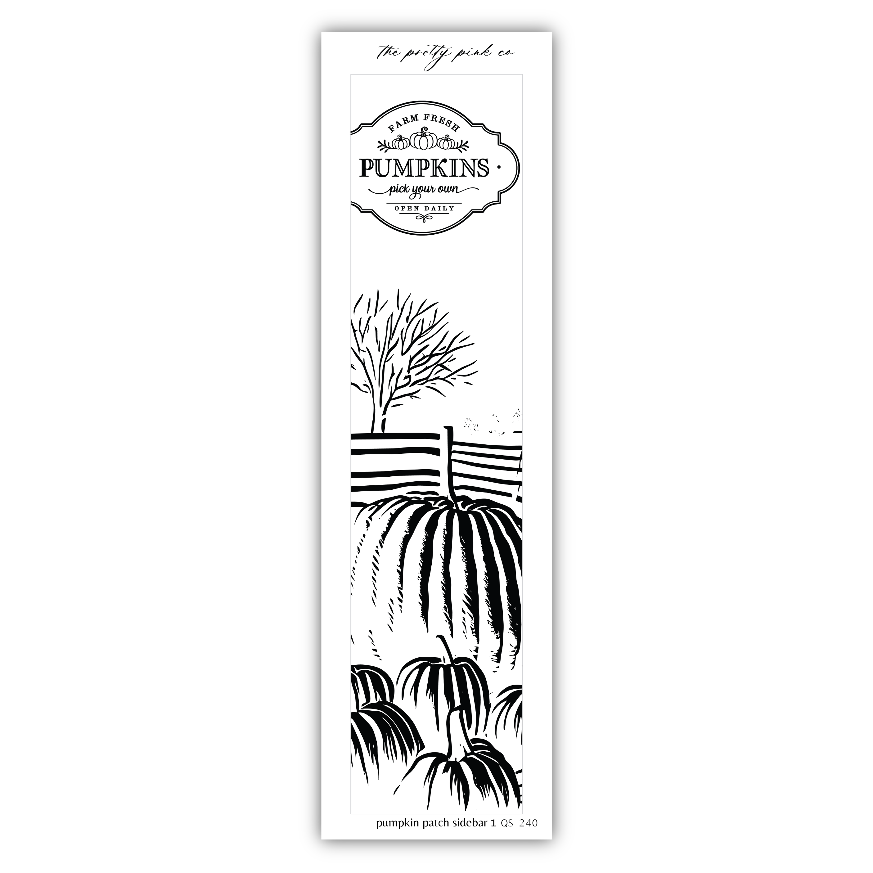 The image is a black and white illustration of pumpkins and a tree, with a decorative border around the top edge.