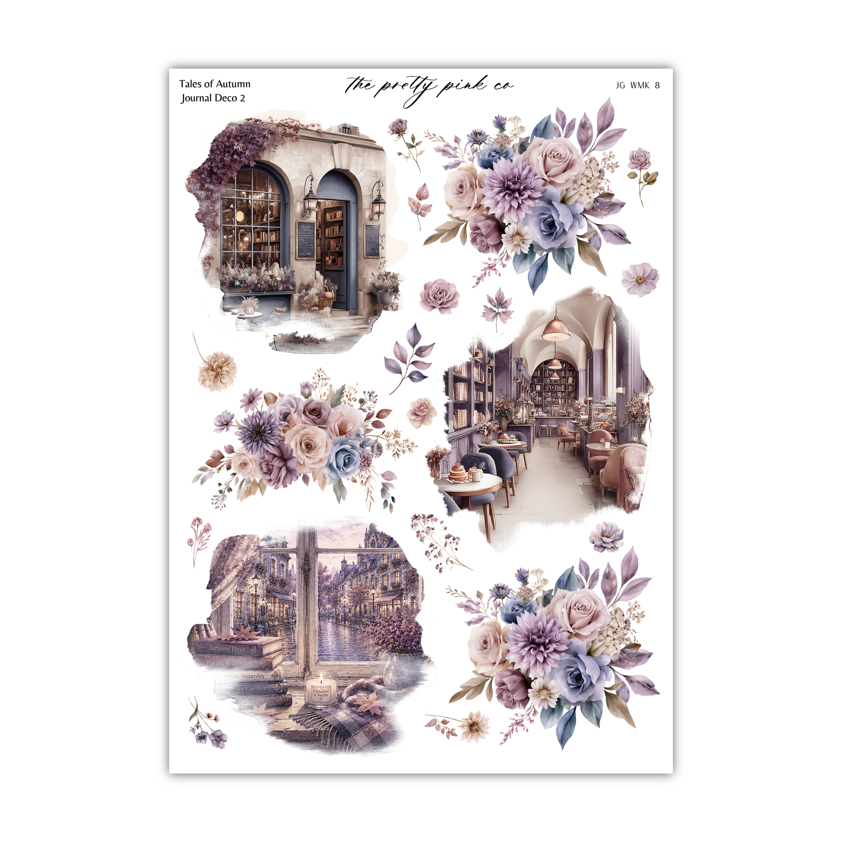 The image is a collage of various floral and architectural elements, including a building with arched windows, a cafe with tables and chairs, and a street scene with flowers and plants.