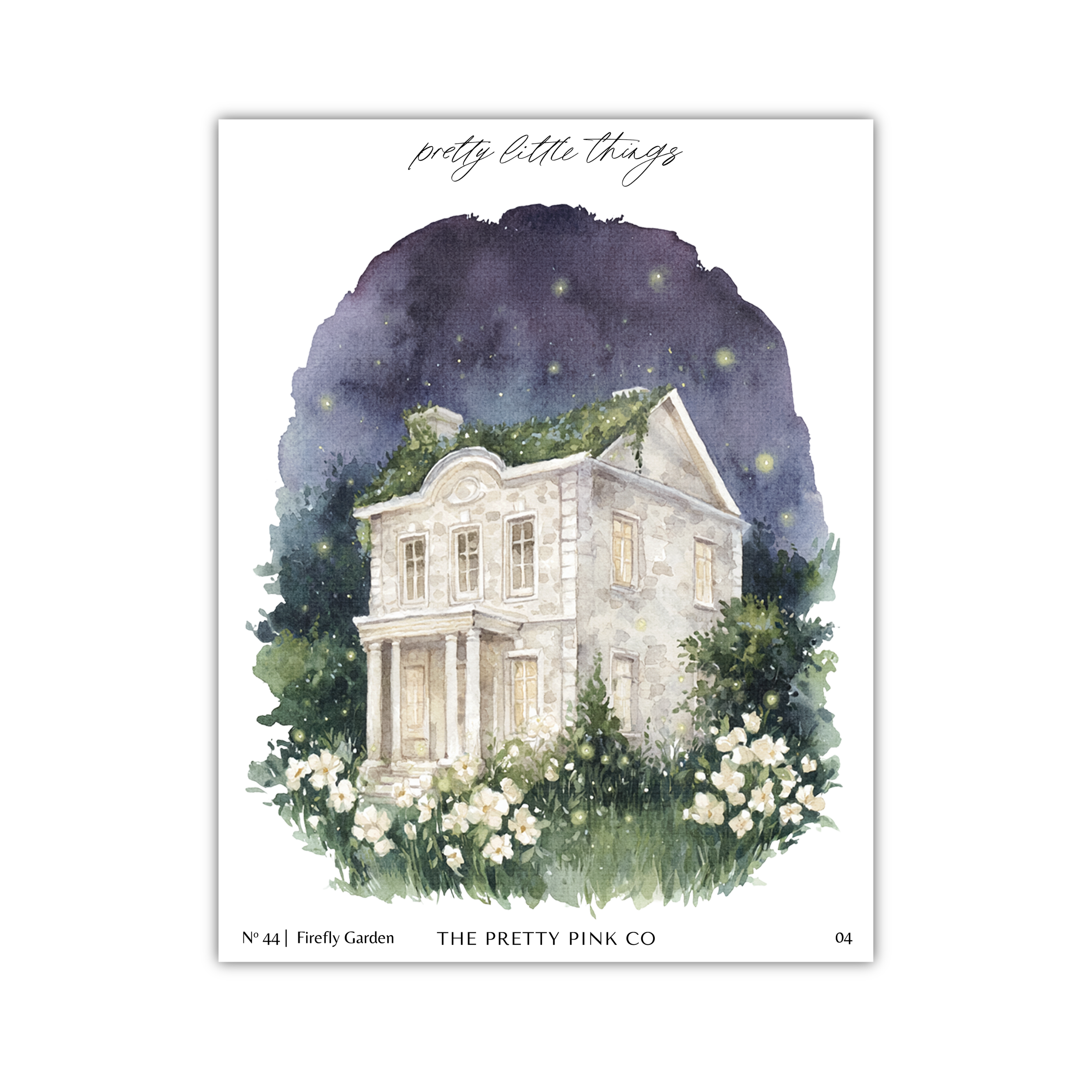 a charming, old-fashioned house surrounded by a lush, verdant garden, with a starry night sky in the background.