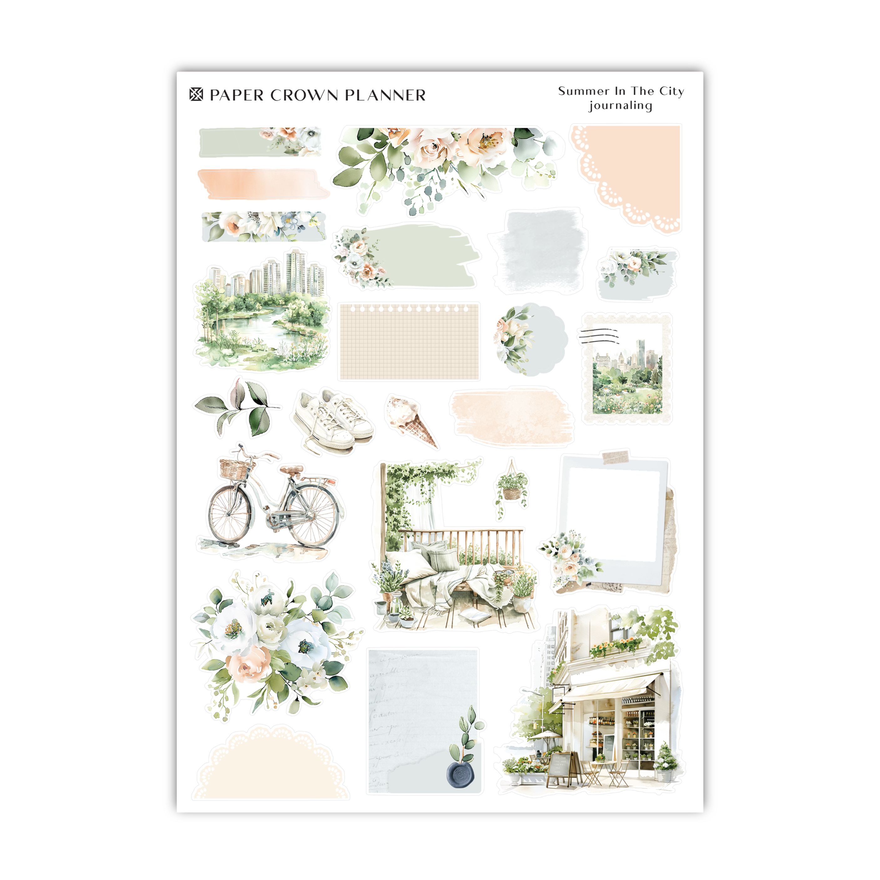 a sticker sheet with flowers and a bicycle