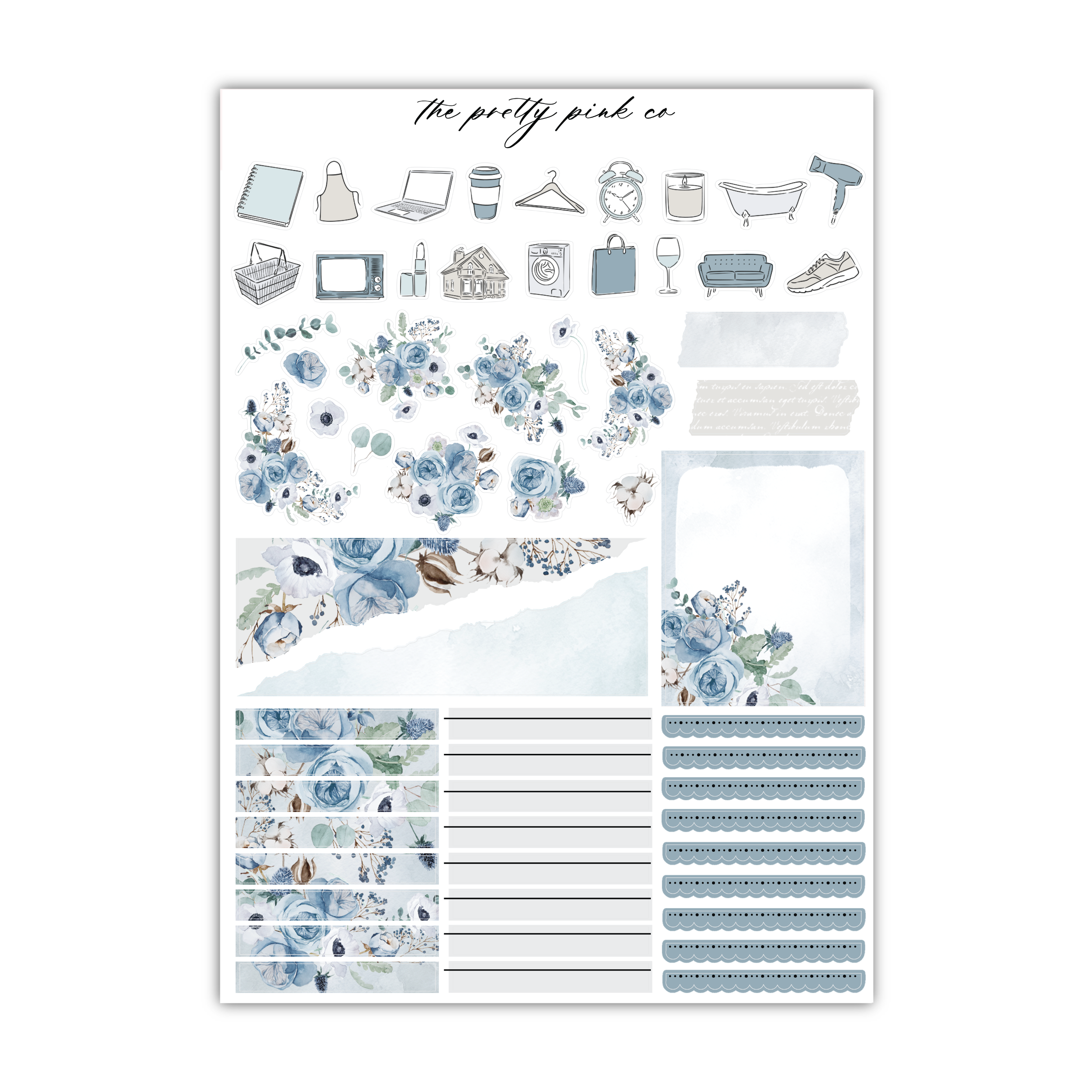 a sheet of stickers with blue flowers on it