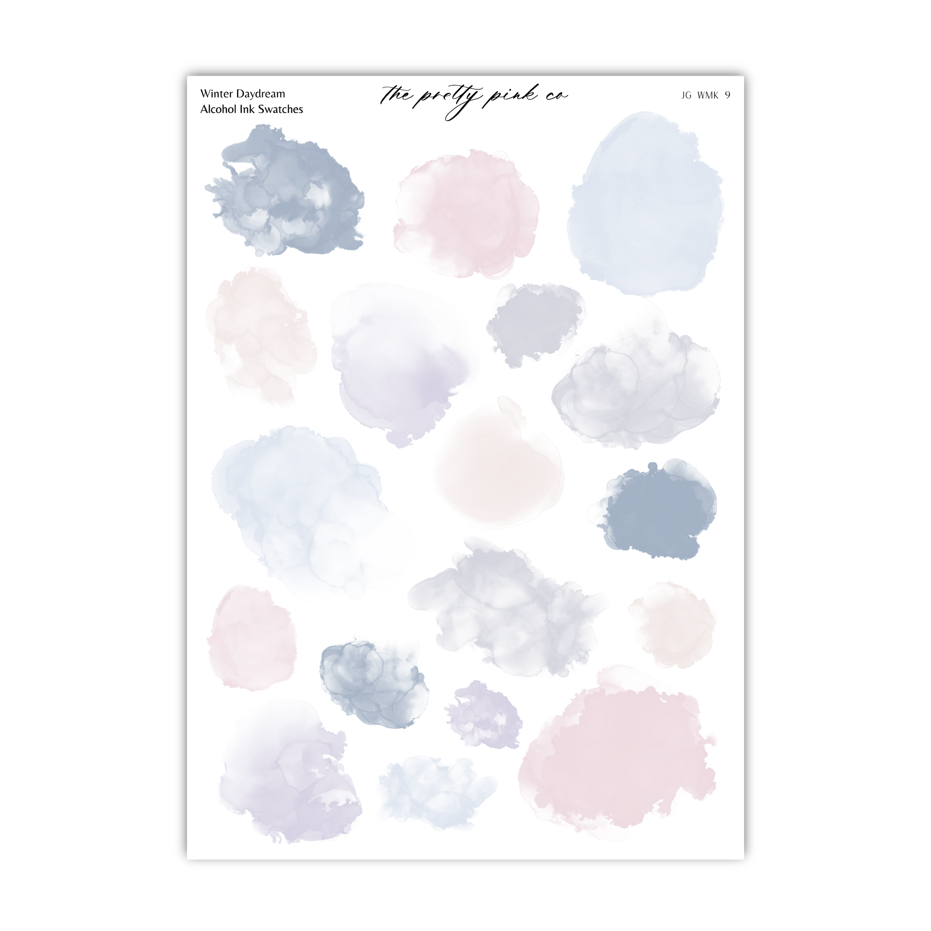 a collection of abstract watercolor brush strokes in various shades of blue, pink, and gray, arranged in a grid-like pattern.