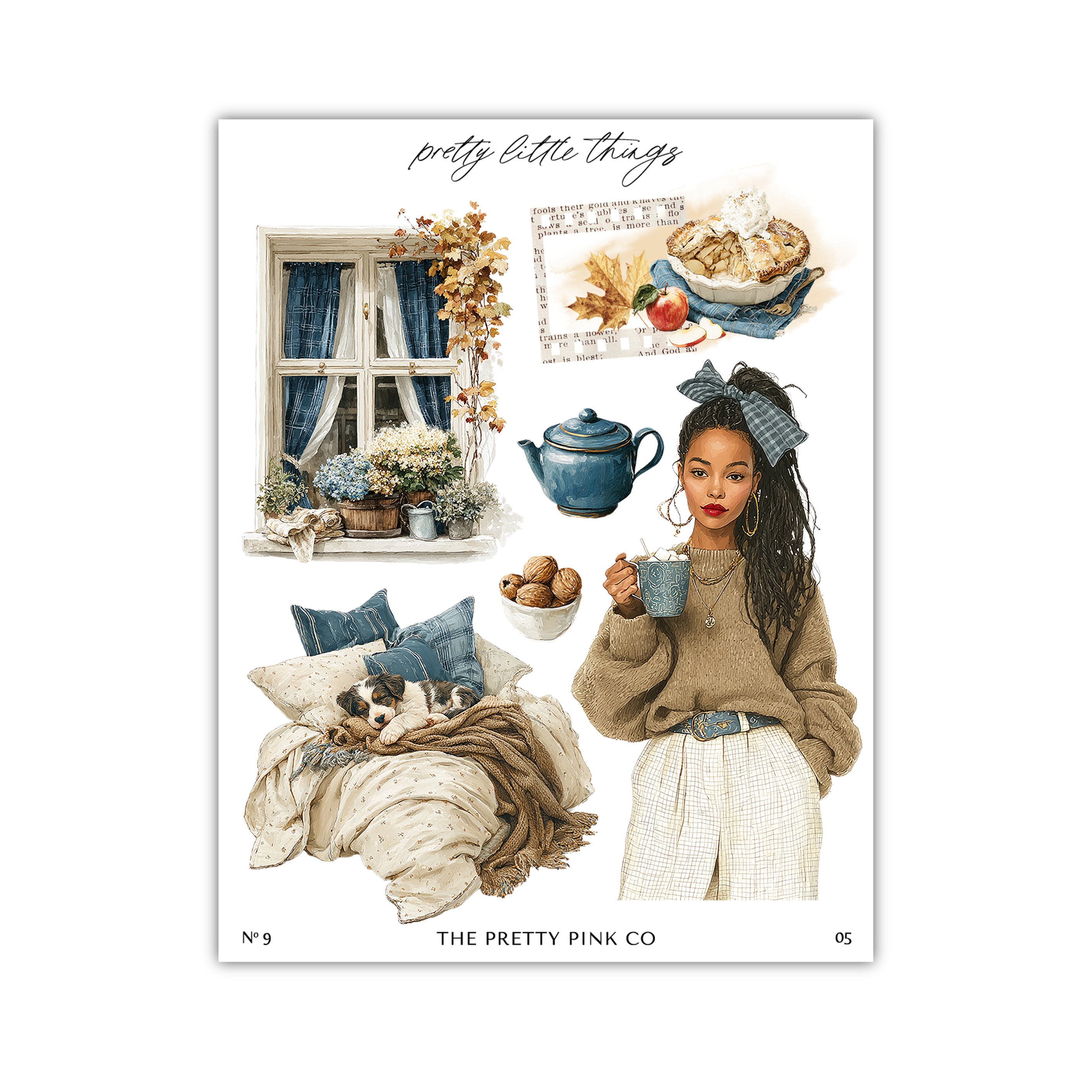 The image is a collage of various elements, including a woman, a window, a teapot, a bowl of food, a dog, and a cozy bed. The collage is titled "pretty little things" and includes the text "The pretty pink co" at the bottom.