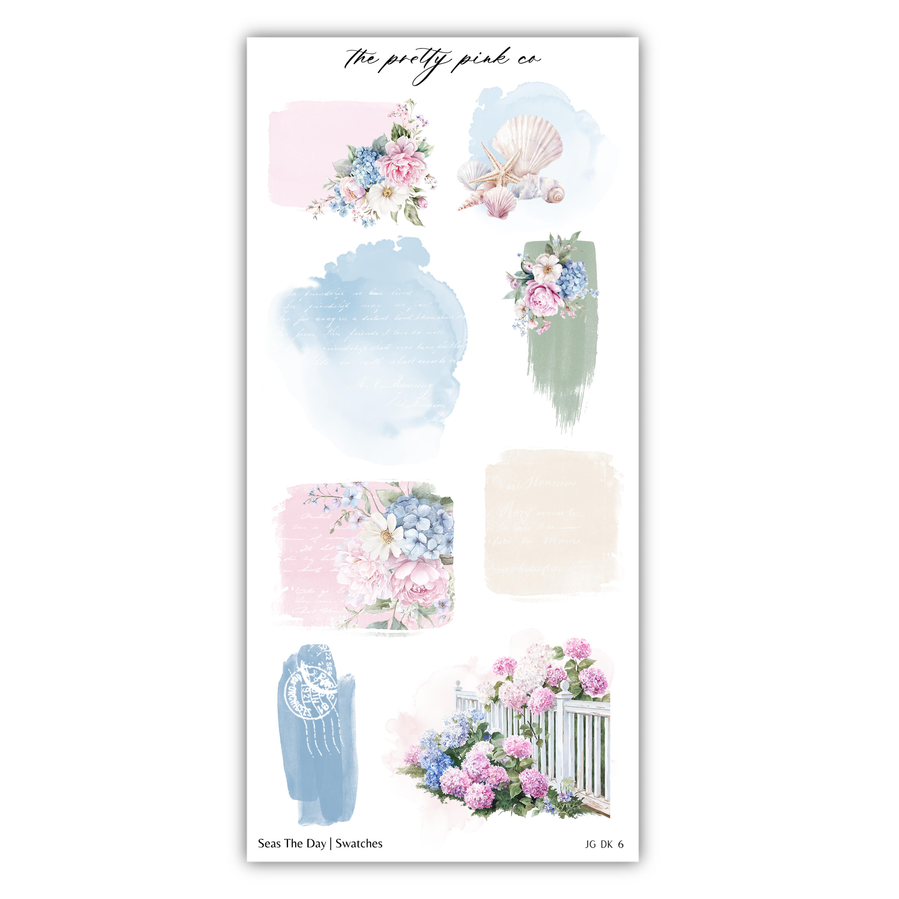 various floral and nature-inspired elements, including flowers, leaves, and a seashell, arranged in a visually appealing manner.