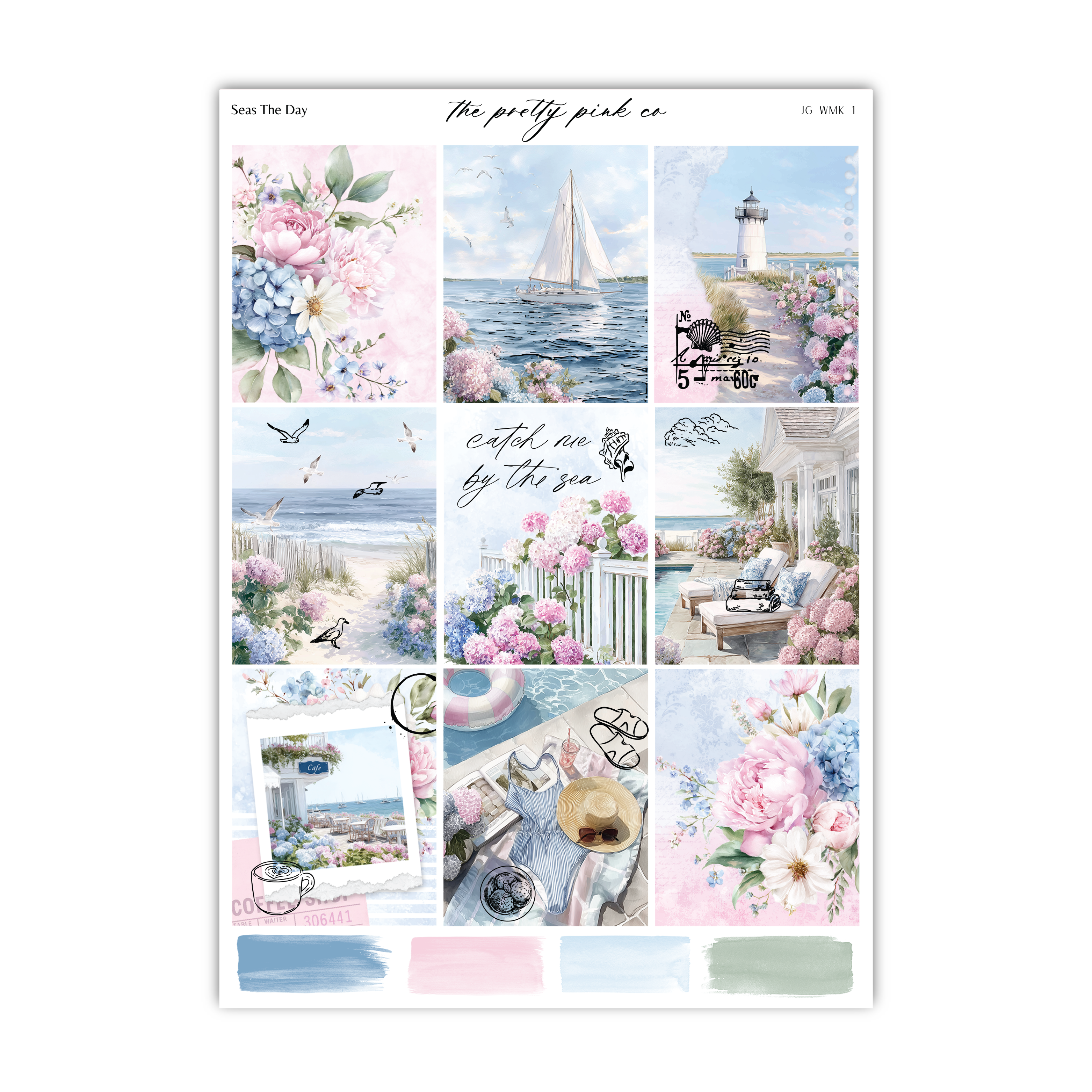 The image is a collage of various pictures depicting a serene coastal scene, including a sailboat, flowers, and a lighthouse.