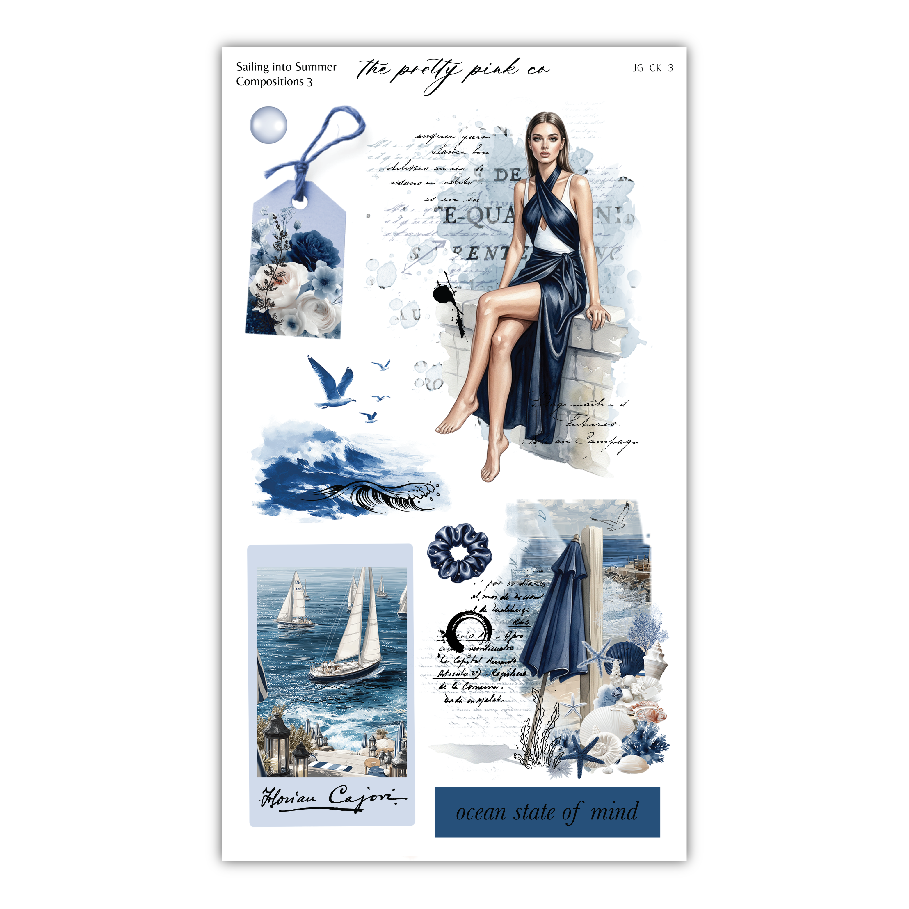 The image is a collage of various elements, including a woman in a blue dress, a sailboat, and other nautical and ocean-themed imagery.