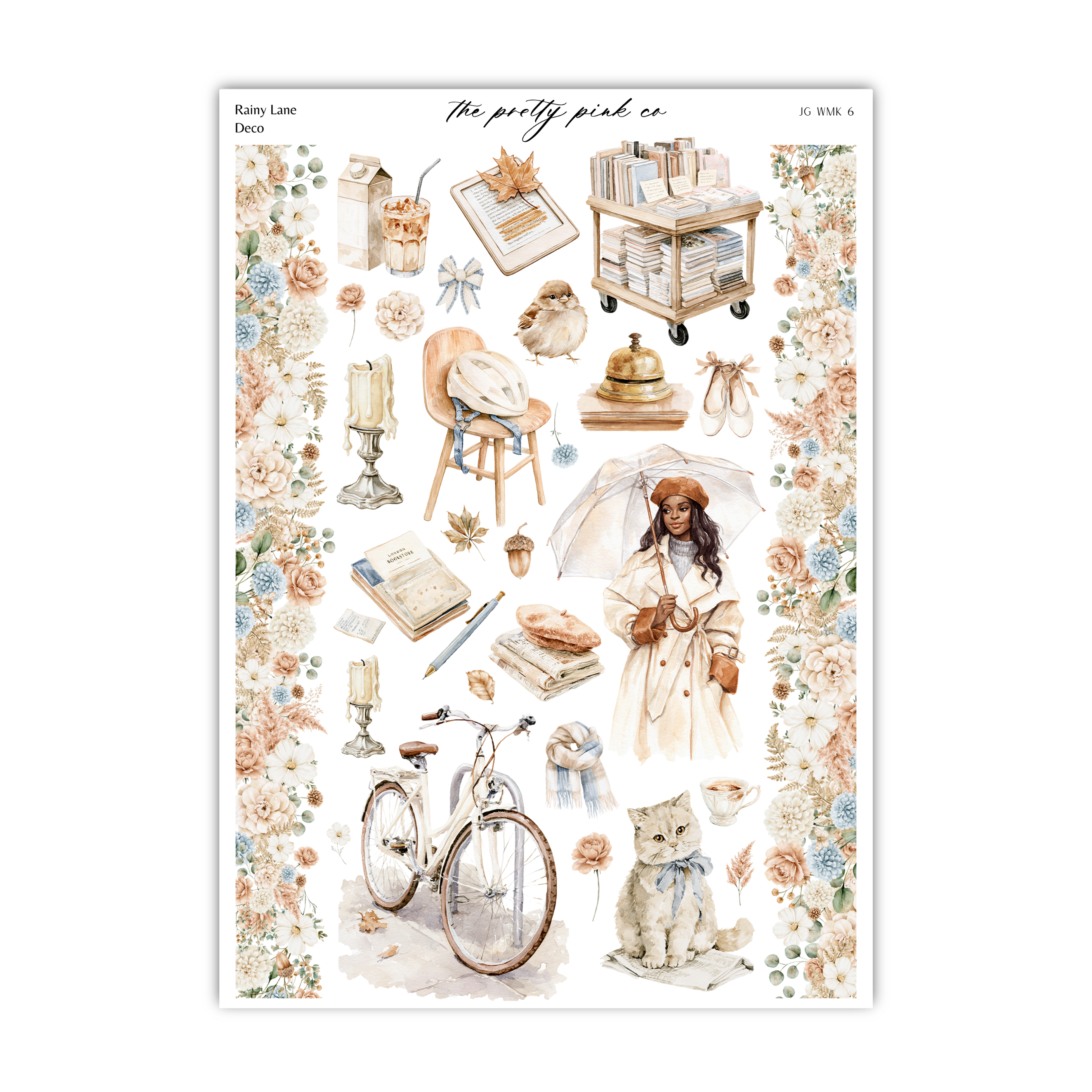The image is a collage of various objects and scenes, including a woman with a cat, a bicycle, books, flowers, and other decorative elements.