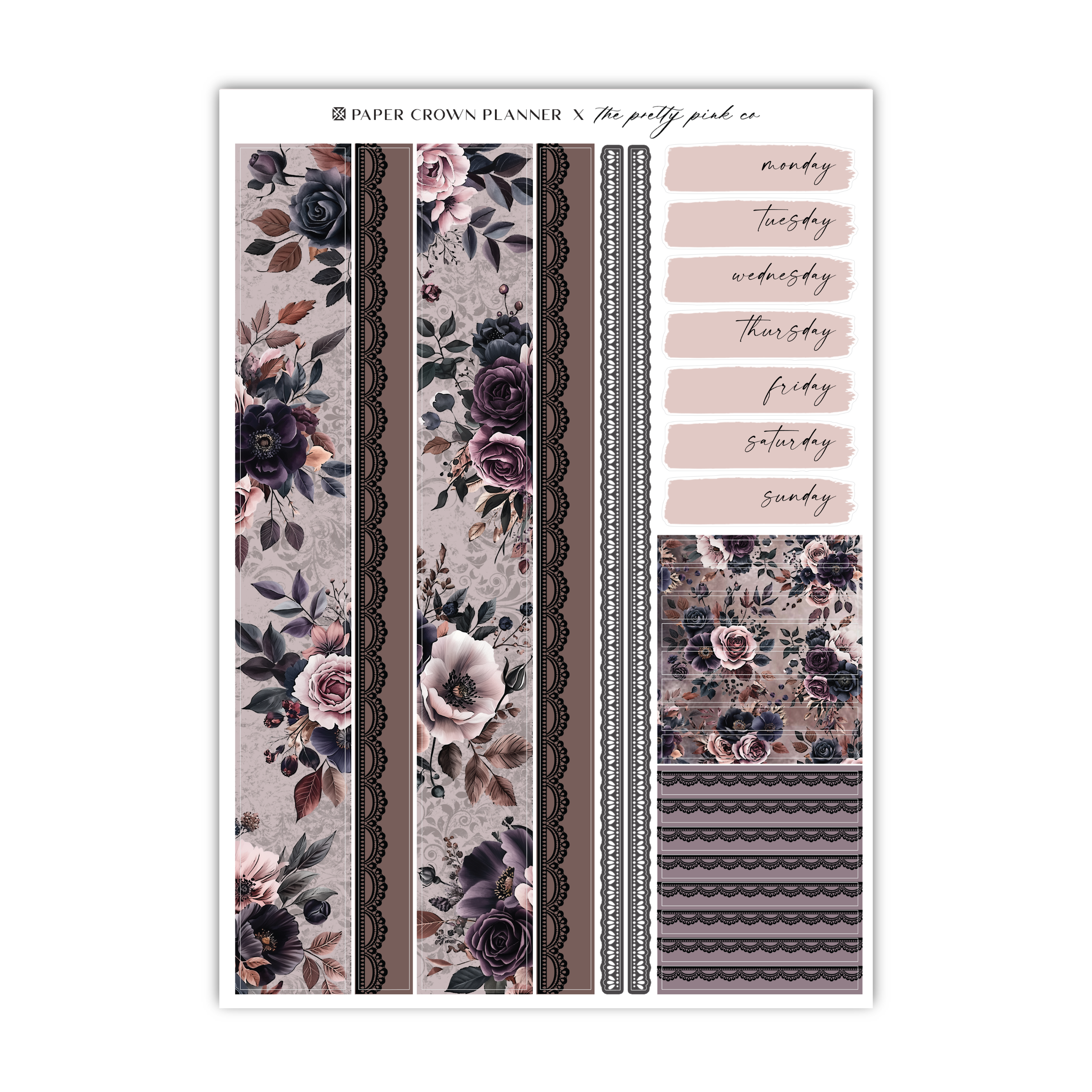 a sticker sheet with flowers and lace