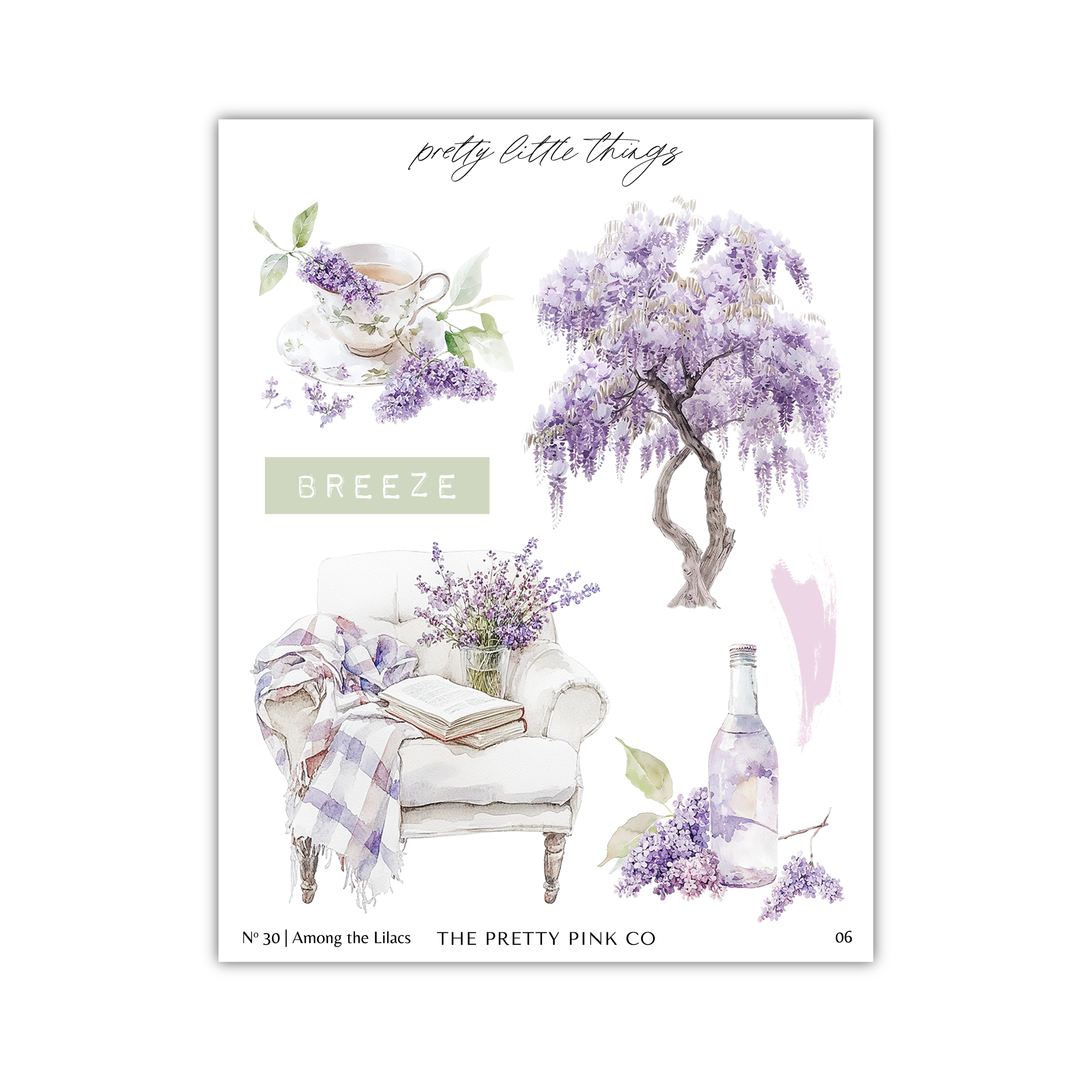 The image is a collage of various elements, including a tree with purple flowers, a teacup, a chair with a blanket and a book, and a bottle of water. The text " Breeze" is visible, and the phrase "The pretty little things" is written above the collage.