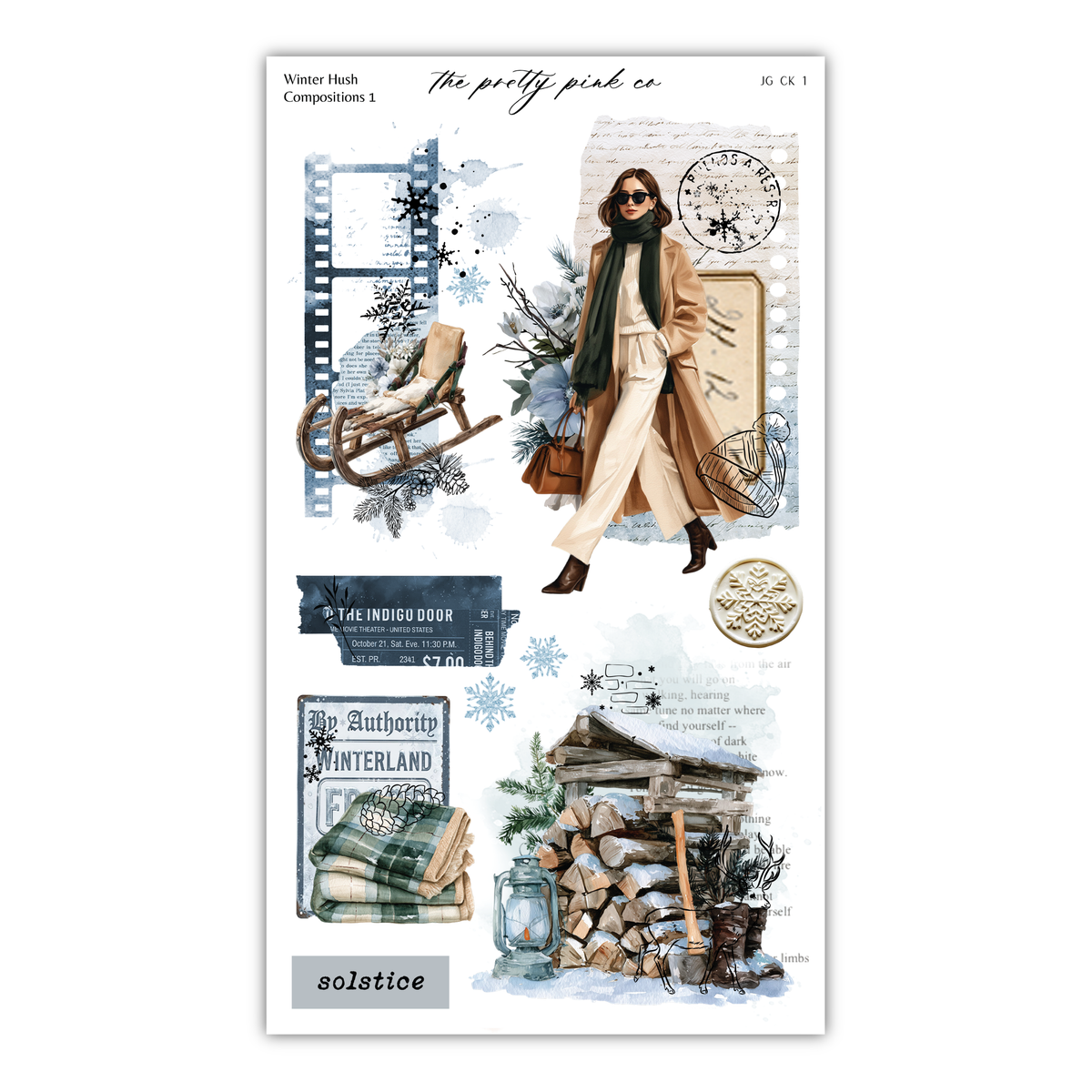 a sticker sheet with a woman in winter clothing