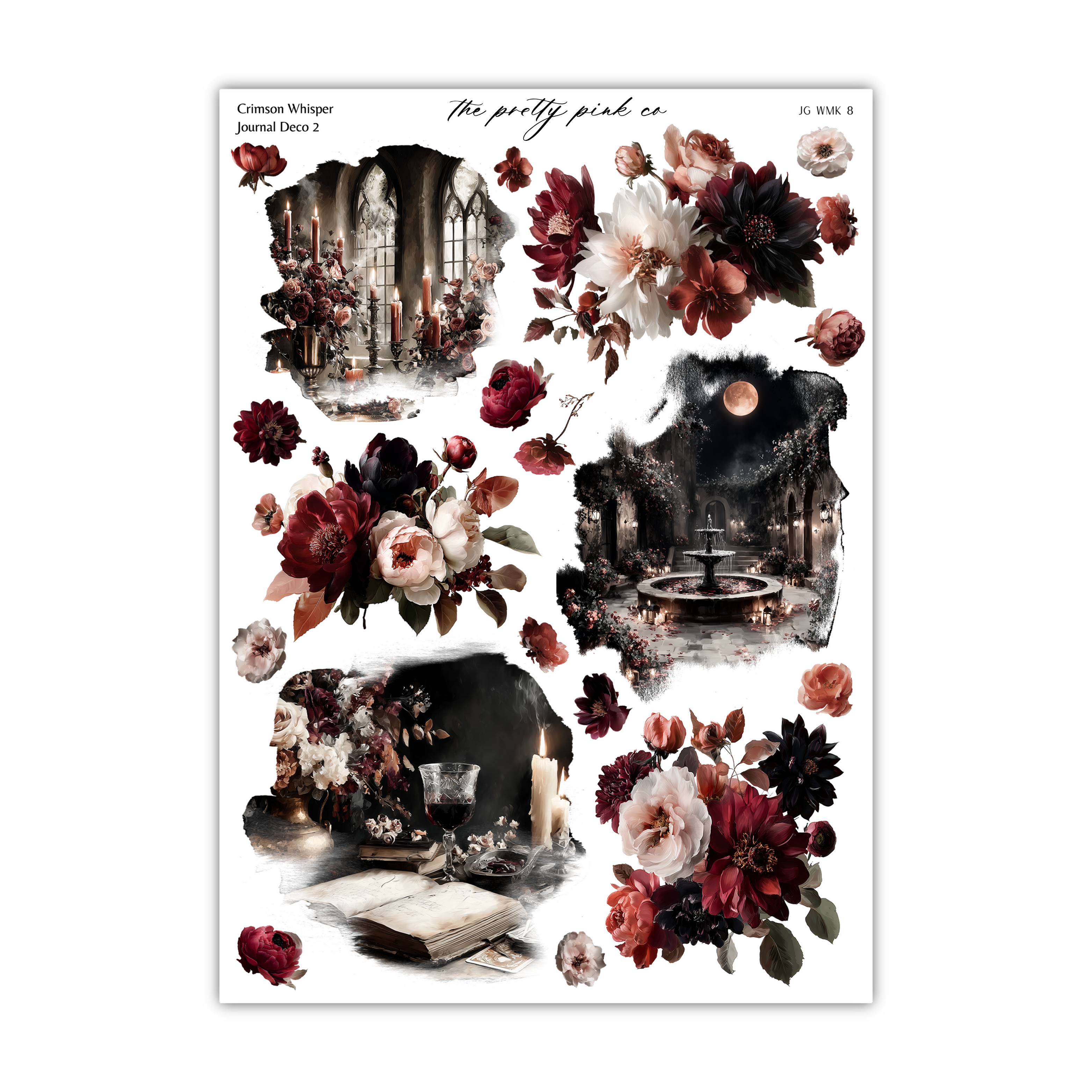 a collage of various floral and architectural elements, including flowers, candles, books, and vases, all set against a dark and moody background.
