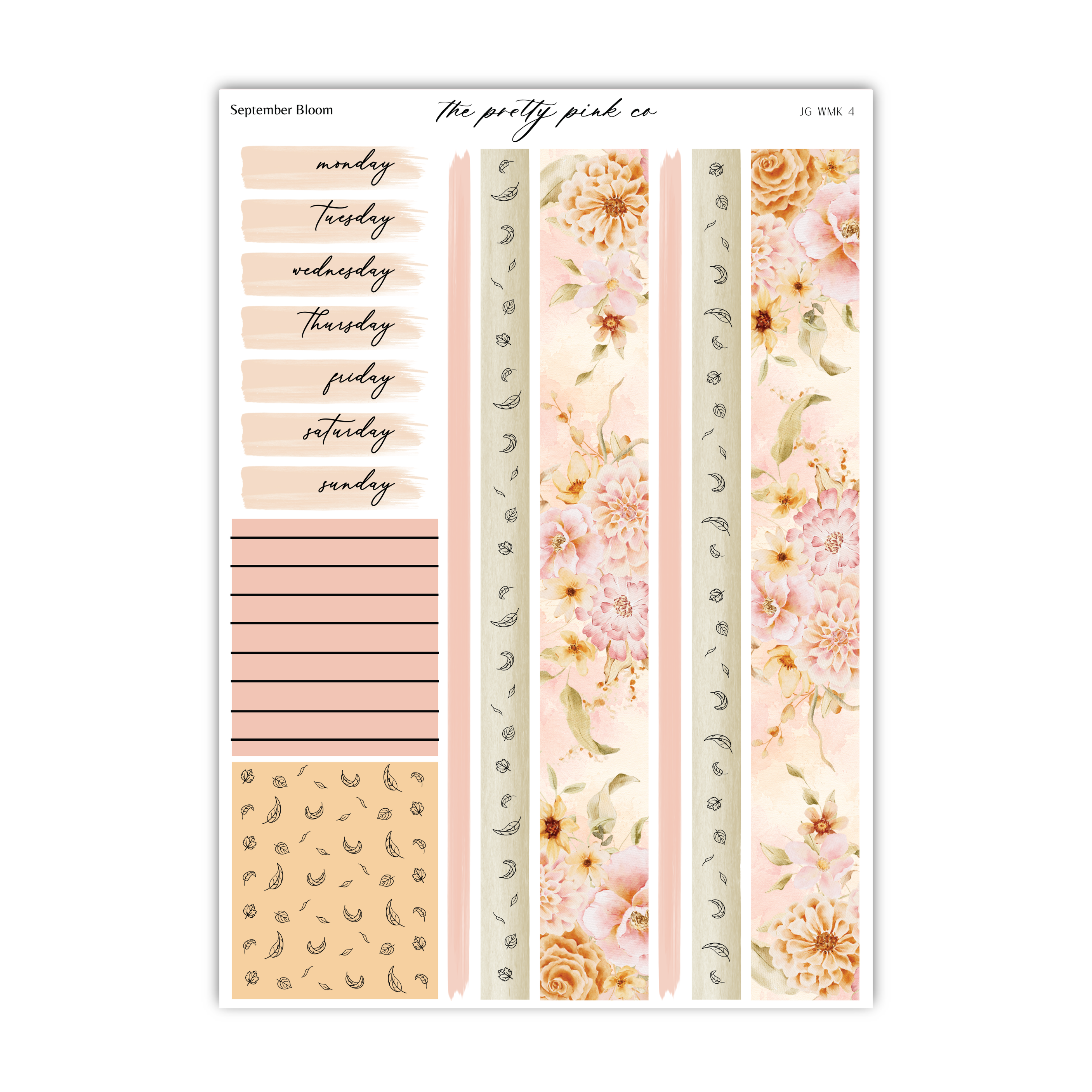 The image is a calendar or planning organizer with a floral and geometric design. It includes a vertical list of days of the week, a horizontal list of dates, and a patterned background with a repeating floral design.