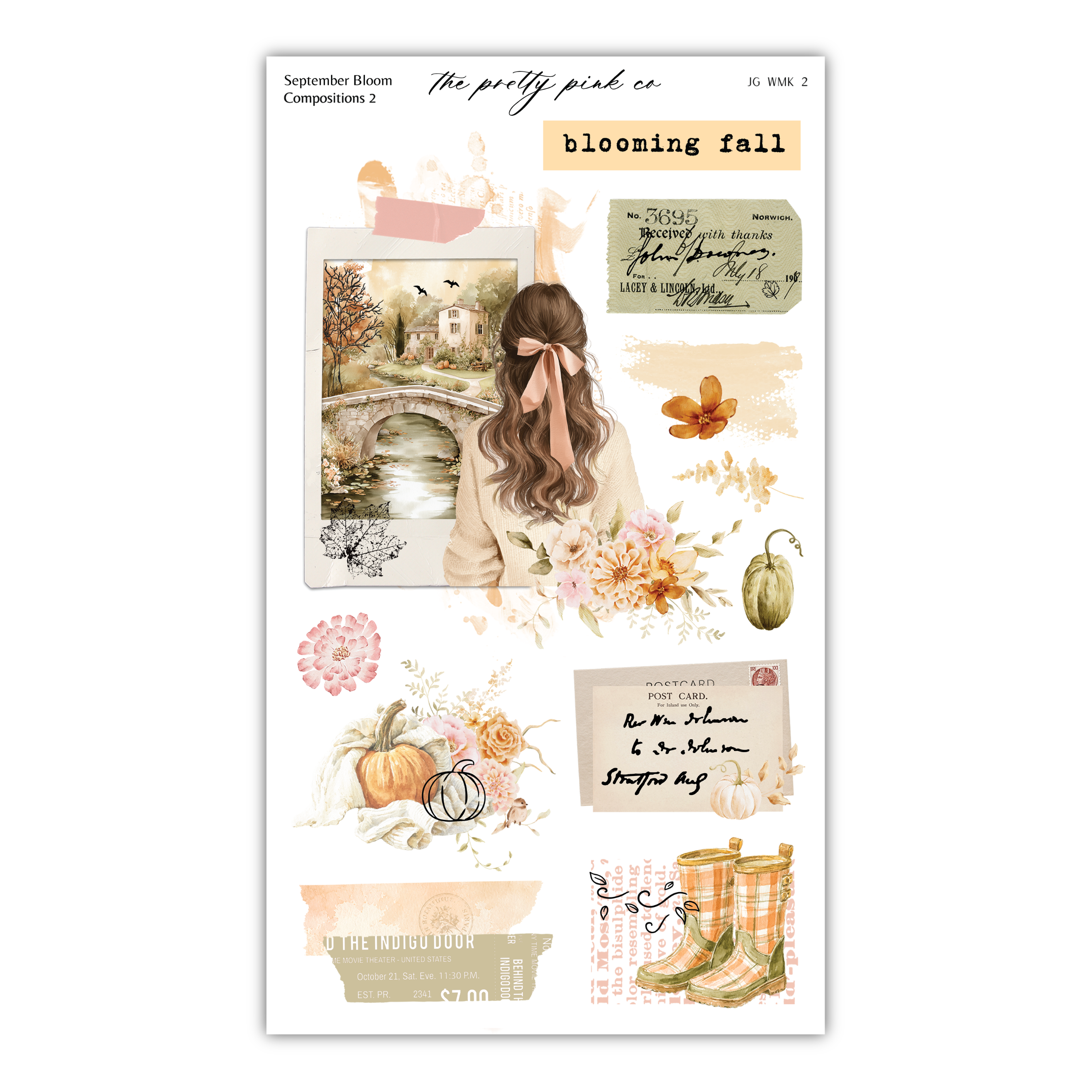 The image is a collage of various autumn-themed elements, including a woman with long hair, flowers, pumpkins, and a bridge. The collage is titled "The pretty pink co" and includes a postcard, a note, and a pair of boots. The collage is a compilation of different images that together create a seasonal, autumnal atmosphere.
