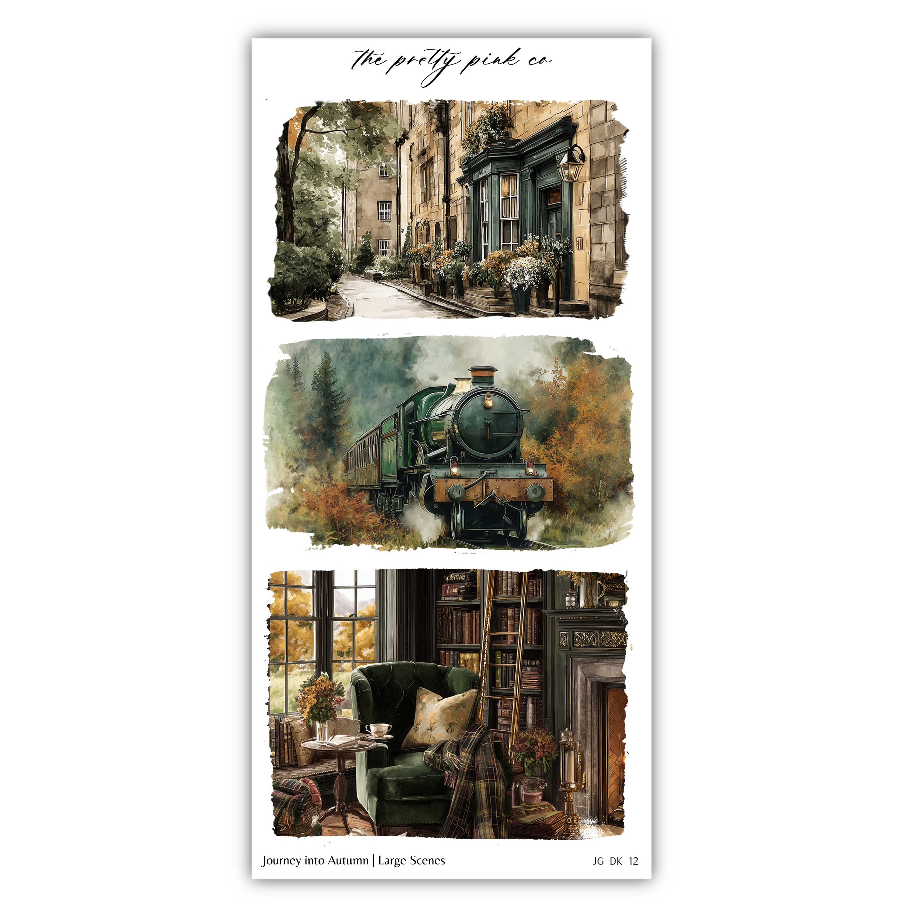 The image is a collage of three pictures depicting various scenes, including a train, a cozy living room, and a lush garden.