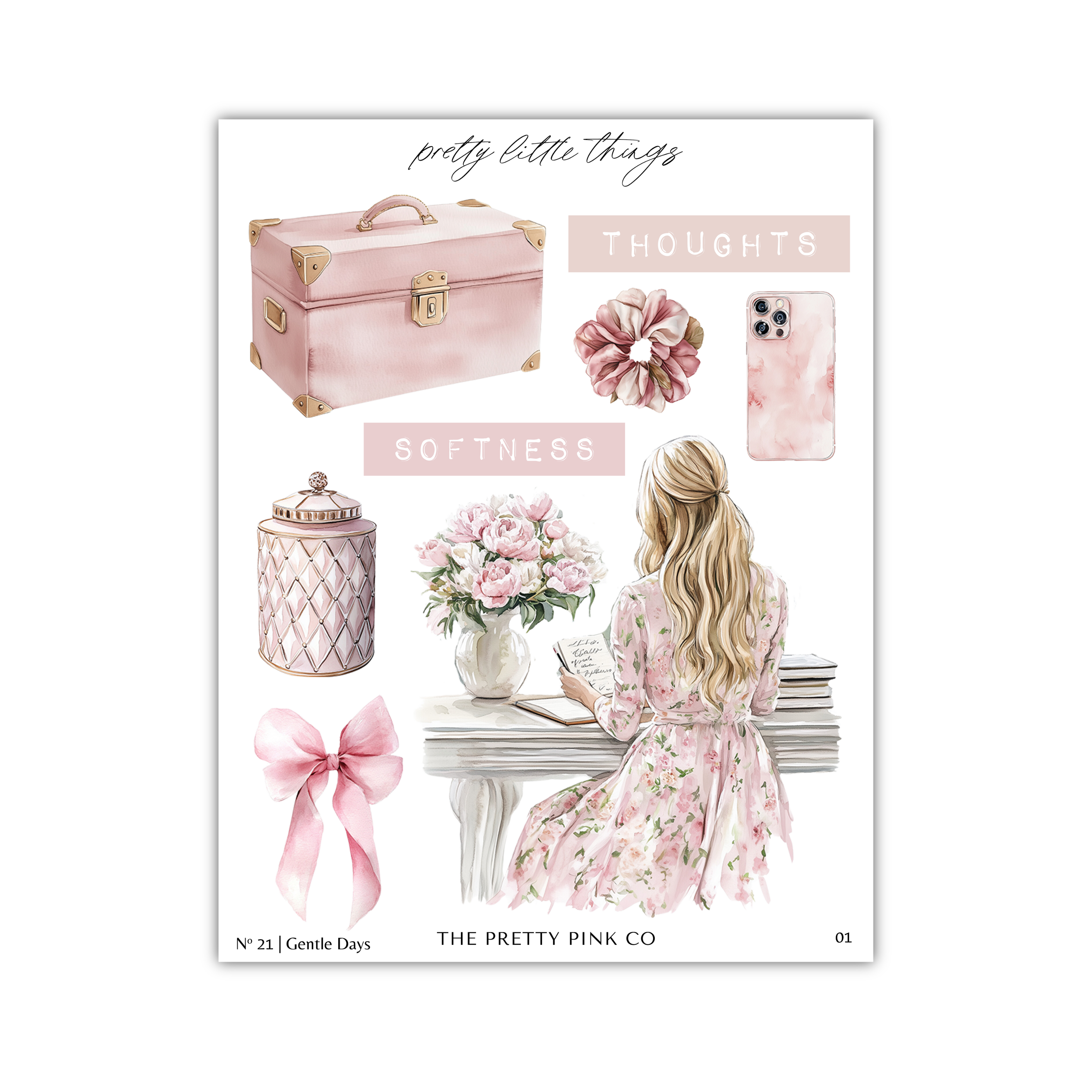 The image is a collage of various pink and floral-themed items, including a suitcase, a vase of flowers, a bow, and a book. The collage is titled " pretty little things thoughts softness" and features a woman sitting at a desk with a book and a vase of flowers.