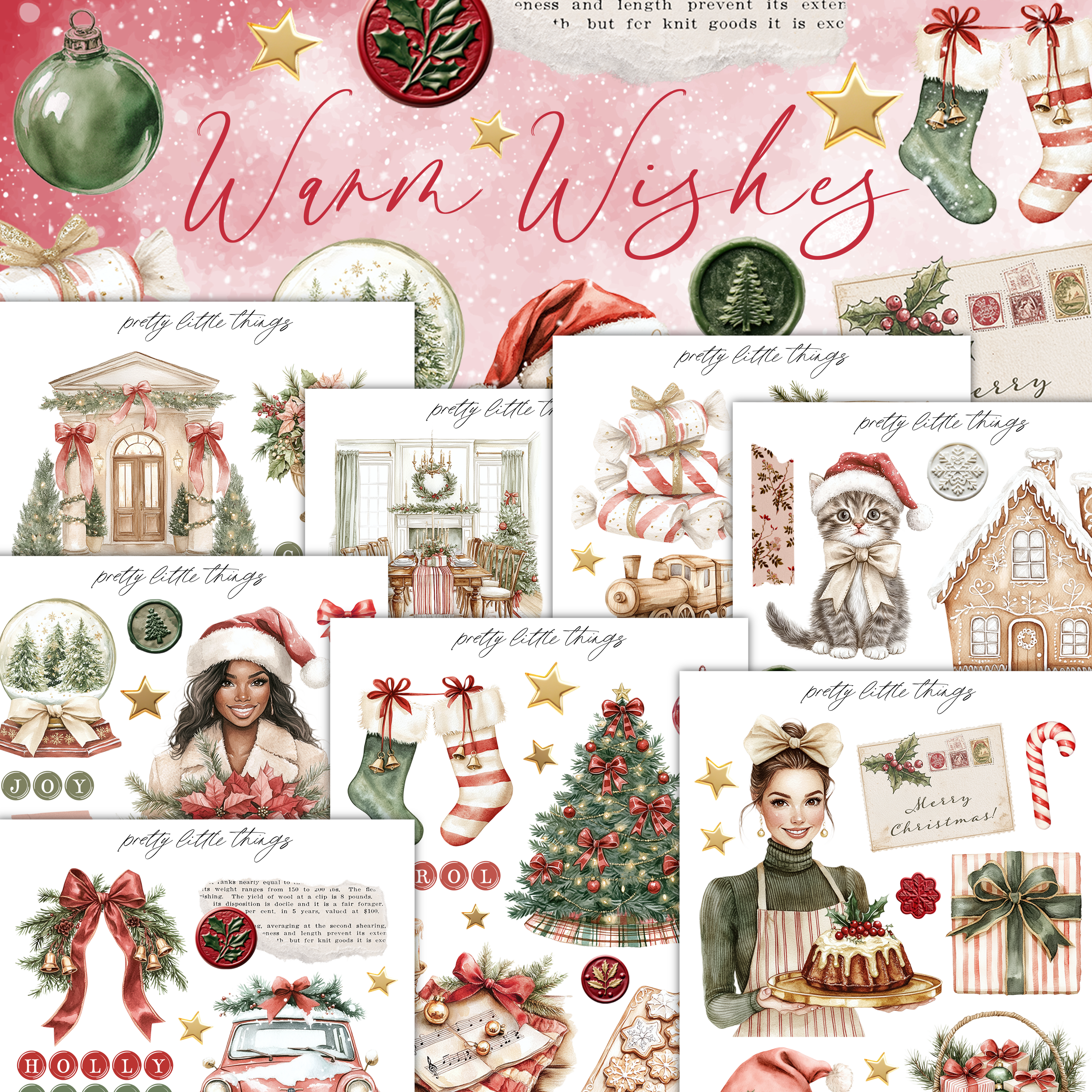 The image is a collage of various Christmas-themed illustrations and decorations, including a Christmas tree, stockings, ornaments, and a woman in a Santa hat. The collage is titled "Warm Wishes" and features illustrations of people, animals, and holiday-themed objects.