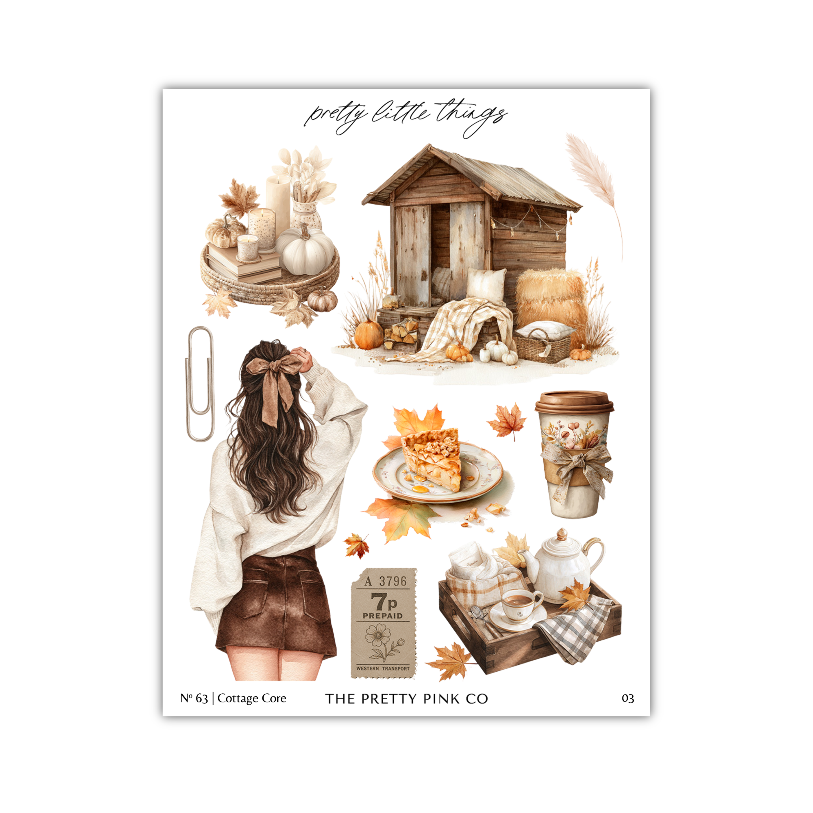 The image is a collage of various autumn-themed items, including a wooden cabin, a woman with a bow in her hair, a cup of coffee, a plate of food, and other fall-themed objects.