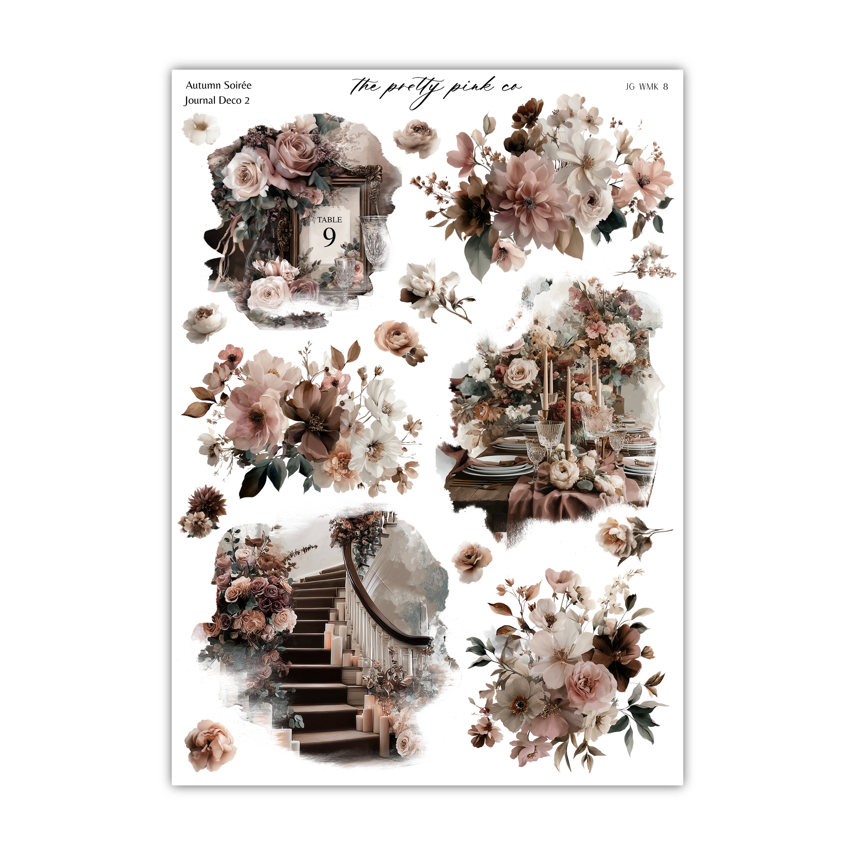 a collage of various floral and architectural elements, including flowers, a staircase, and a building. The overall color palette is predominantly pink and brown, creating a warm and inviting atmosphere. The collage appears to be a collection of images that together create a visually appealing composition.