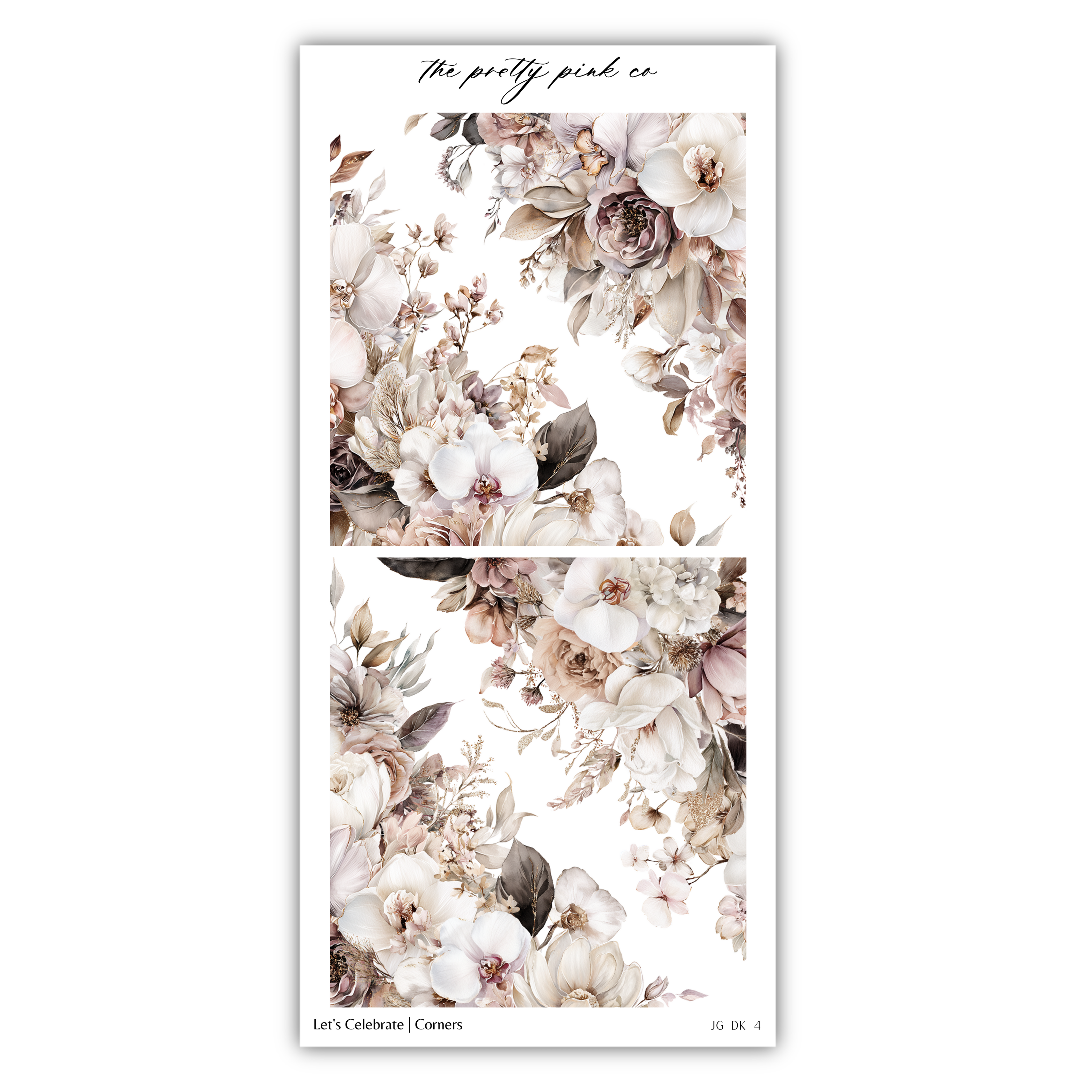 The image is a collage of two floral images, each featuring a variety of flowers and leaves in shades of white, pink, and brown. The collage is titled "Let's Celebrate | Corners" and includes the text "The pretty pink co" at the top.