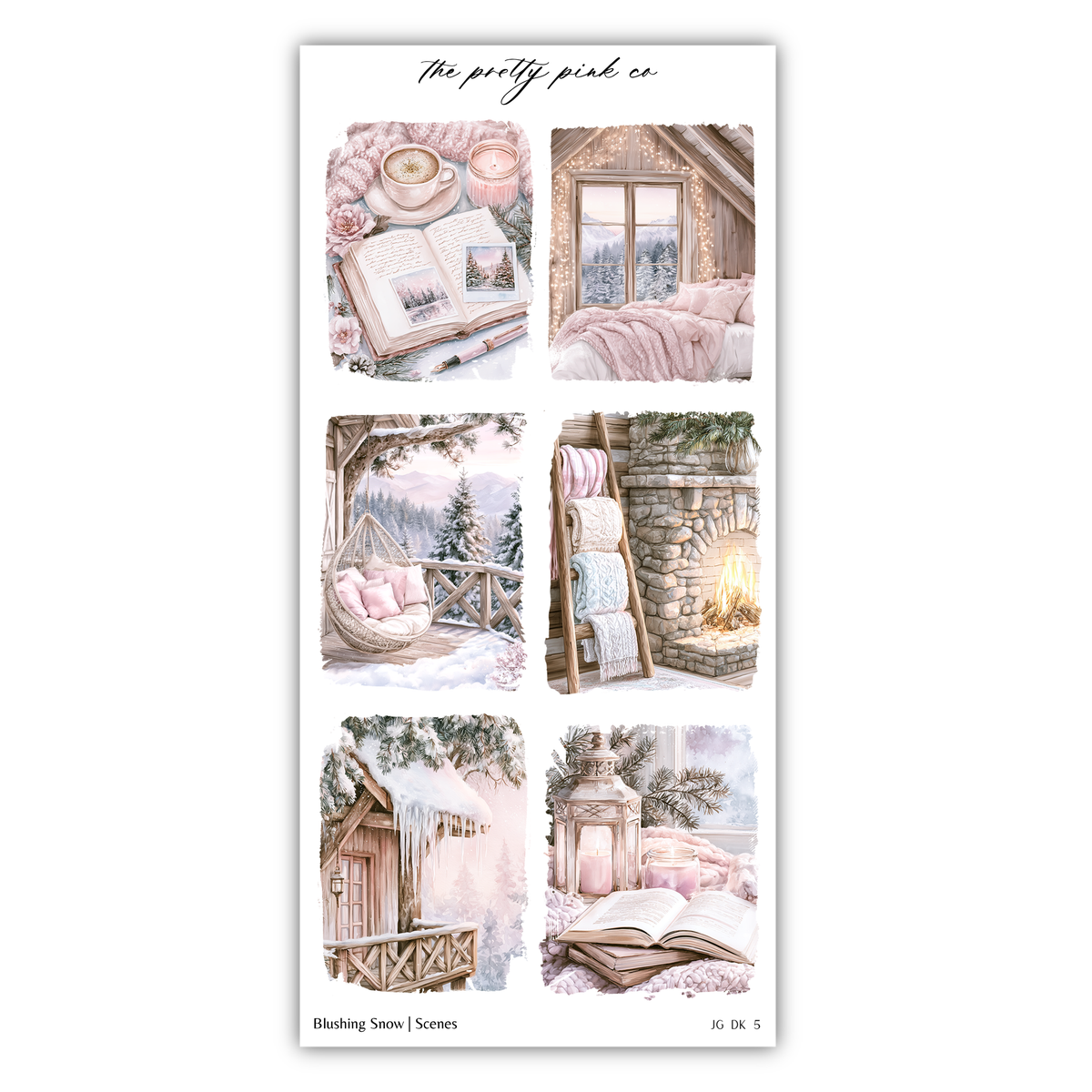 The image is a collage of six pictures depicting various winter scenes, including a cozy bedroom, a snowy landscape, a fireplace, a hanging chair, a snowy tree, and a book.