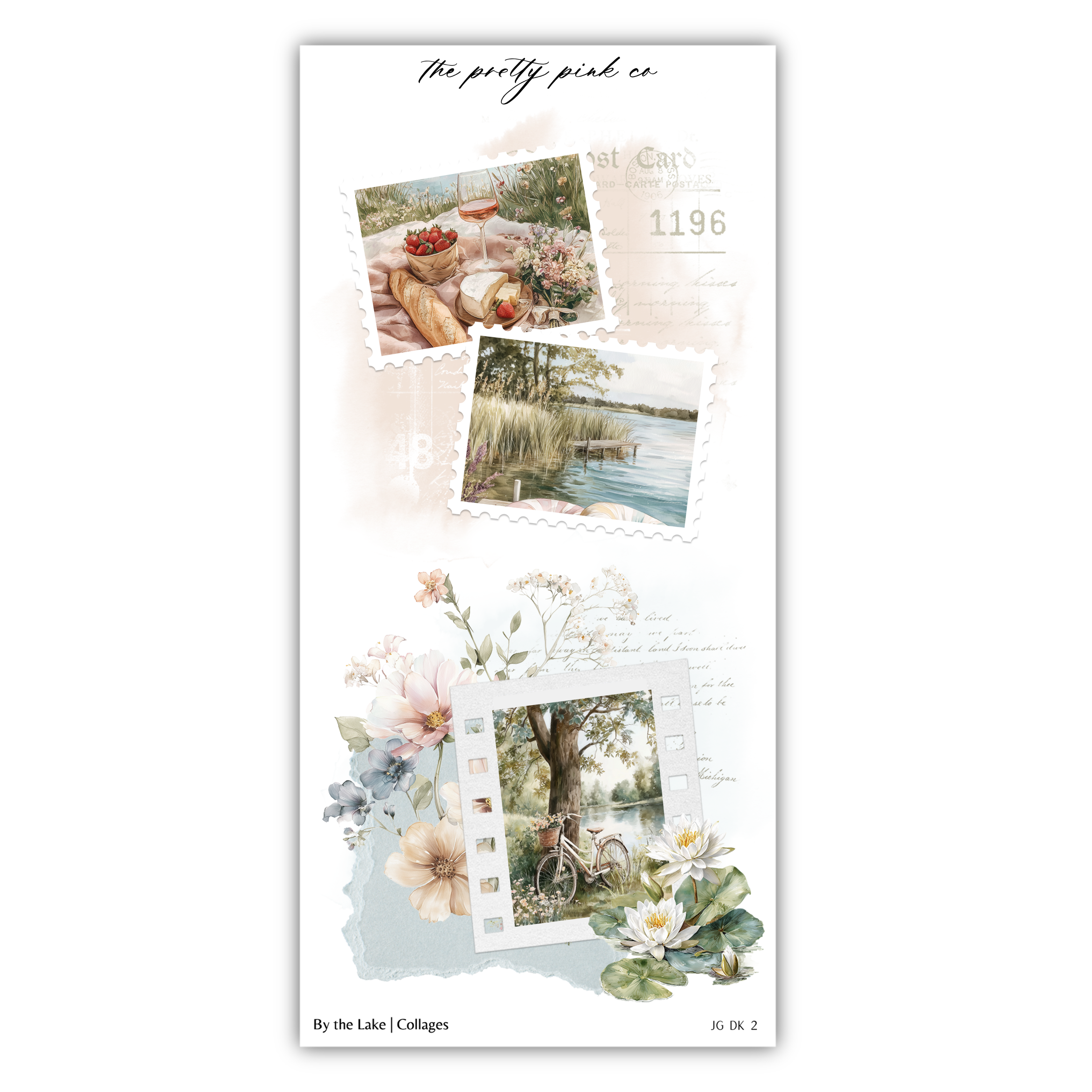 The image is a collage of two photographs, each depicting a different scene. The collage includes floral elements, such as flowers and a bicycle, as well as natural elements, such as trees and water. The collage is titled "The pretty pink co" and includes the text "By the Lake / Collages" at the bottom.