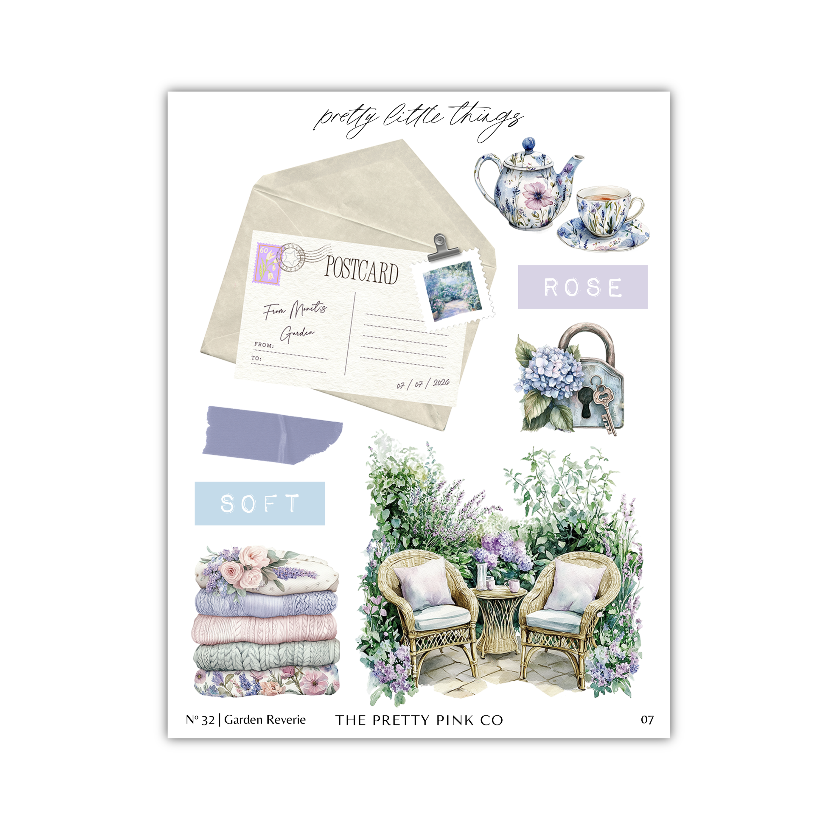 The image is a collage of various decorative items and text, including a postcard, a teapot, a rose, a stack of blankets, and a wicker chair.