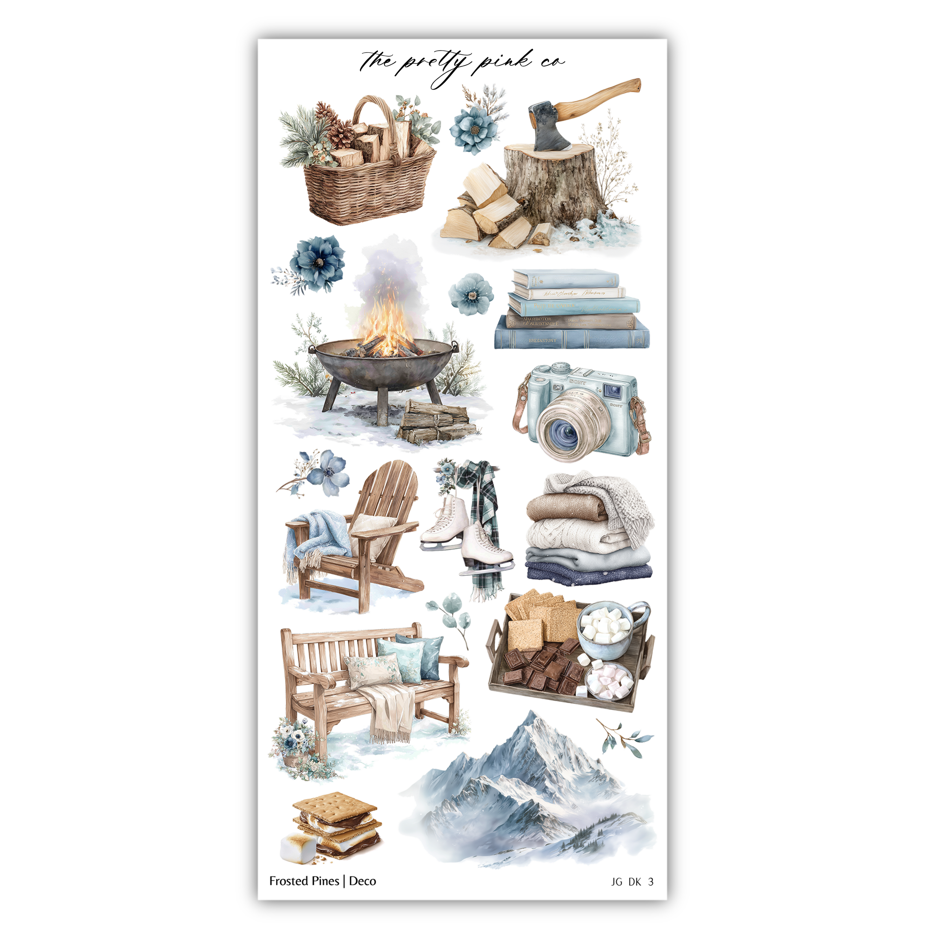 various winter-themed objects and activities, such as a basket, a fire pit, a camera, a ski set, a bench, and a mountain.