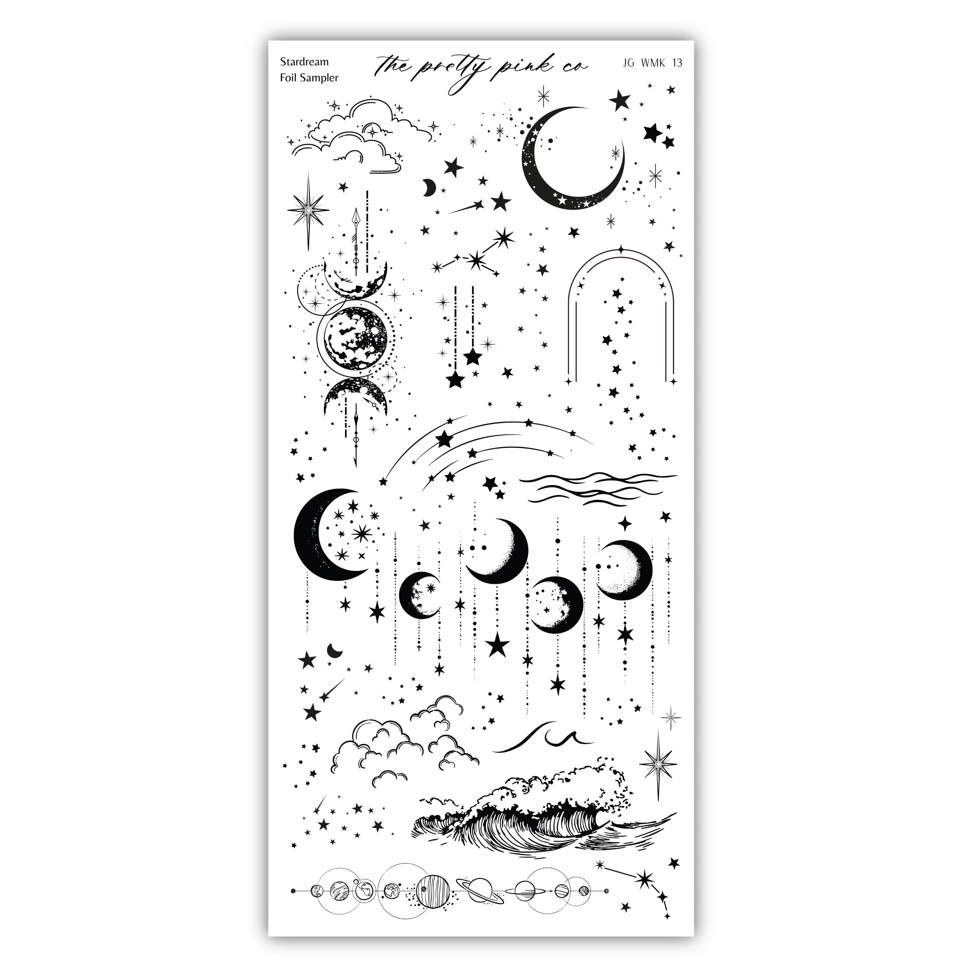 various celestial and cosmic elements, including stars, planets, and other celestial bodies, as well as a crescent moon and a wave. The overall composition appears to be a creative and artistic representation of the night sky and the universe.