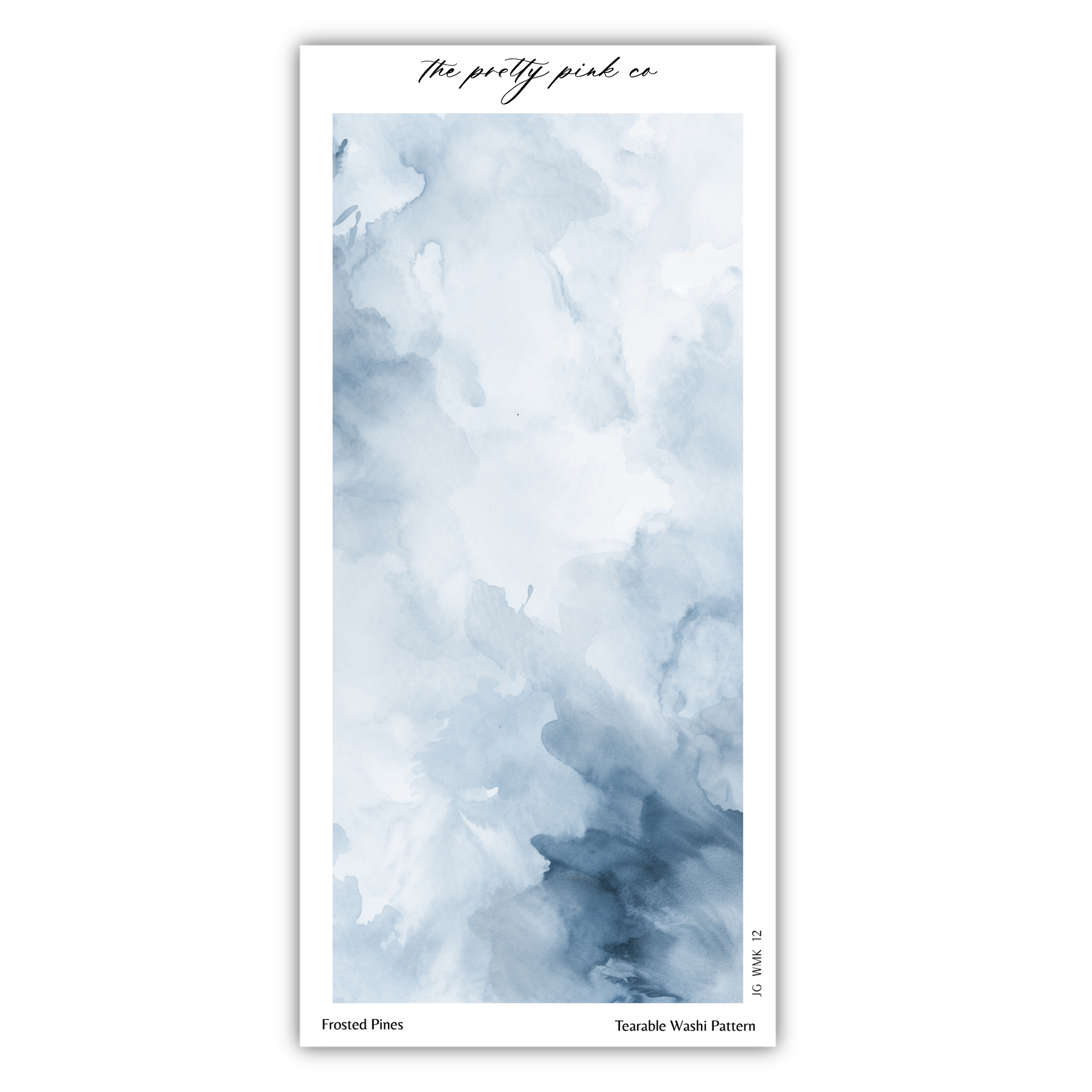 The image is a watercolor painting with a frosted pine pattern.
