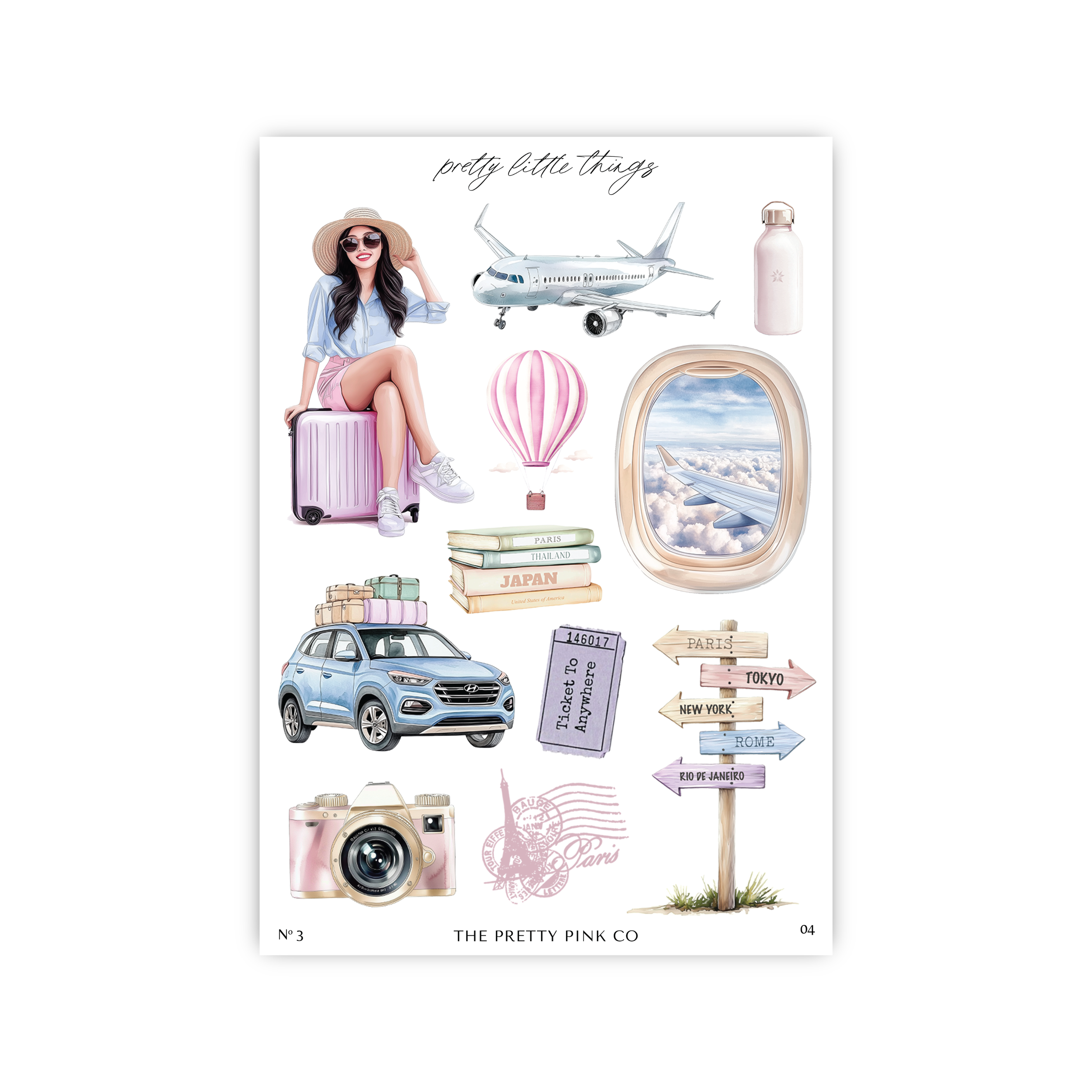 a sticker sheet with a woman sitting on a suitcase