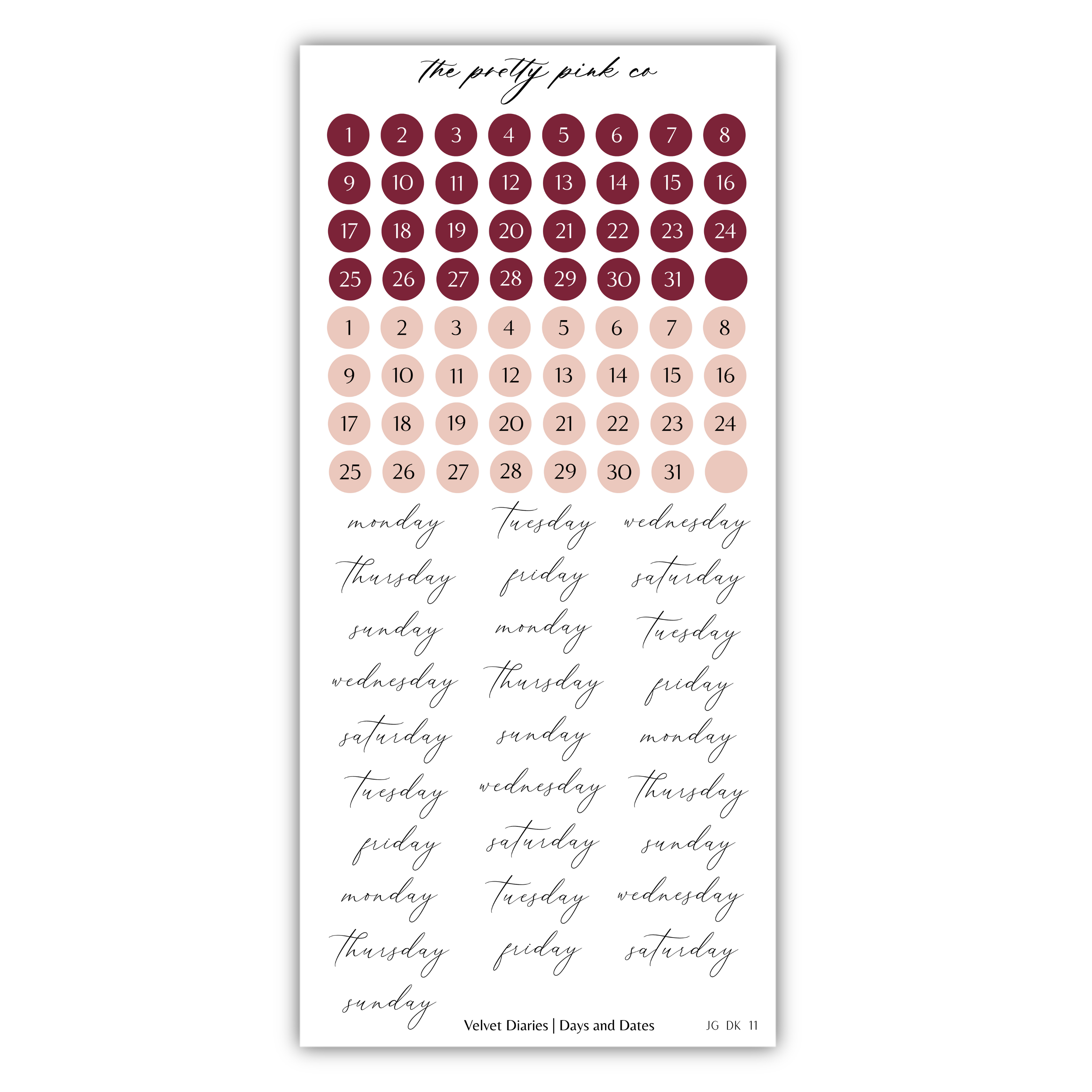 The image is a calendar with a pink and red color scheme, displaying the days of the week and dates. The calendar is organized into months, with each day of the week listed below. The days of the week are Monday, Tuesday, Wednesday, Thursday, Friday, Saturday, and Sunday. The calendar also includes a section for days and dates, with the days of the week and dates listed separately.