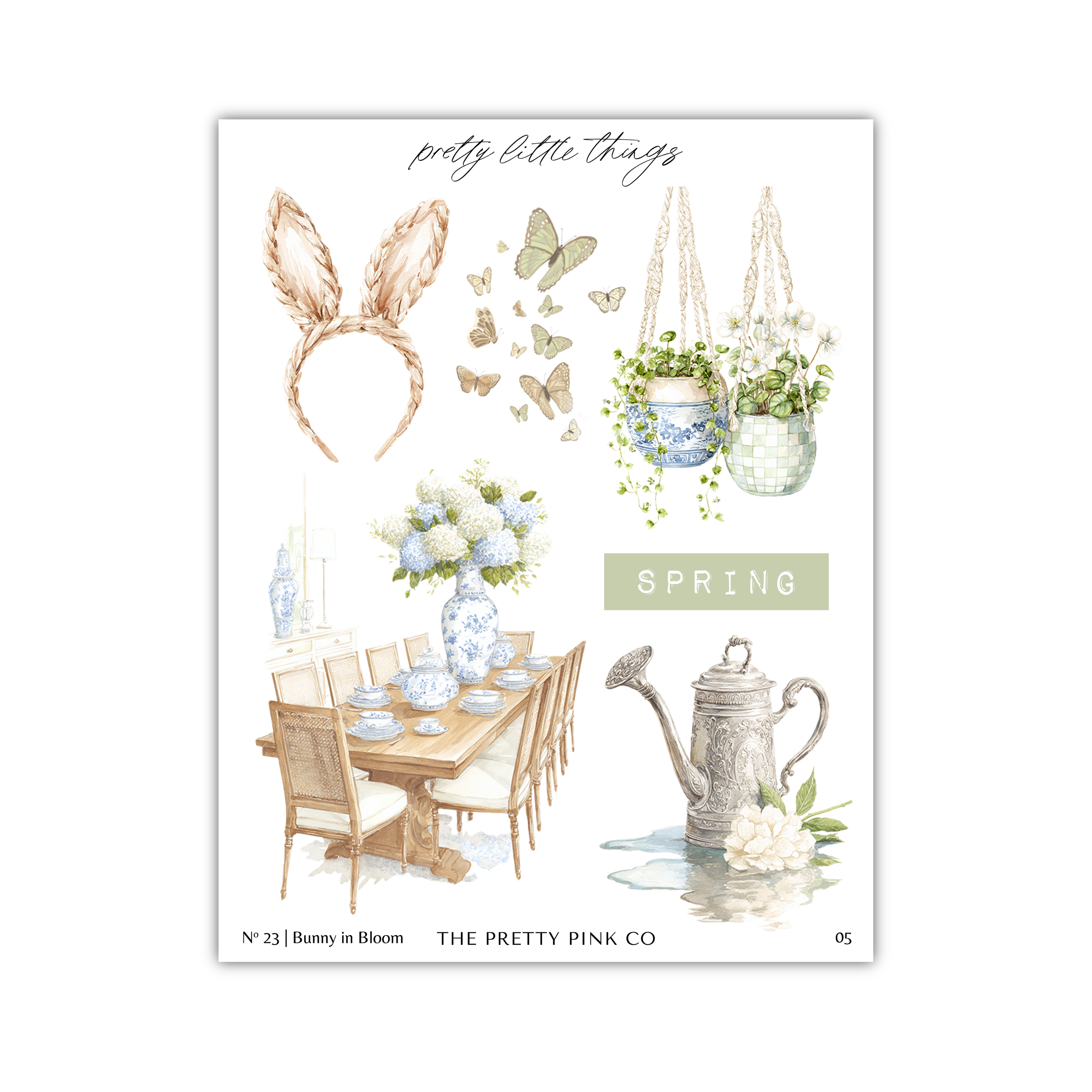 The image is a collage of various spring-themed items, including a bunny headband, potted plants, a dining table, chairs, and decorative vases.