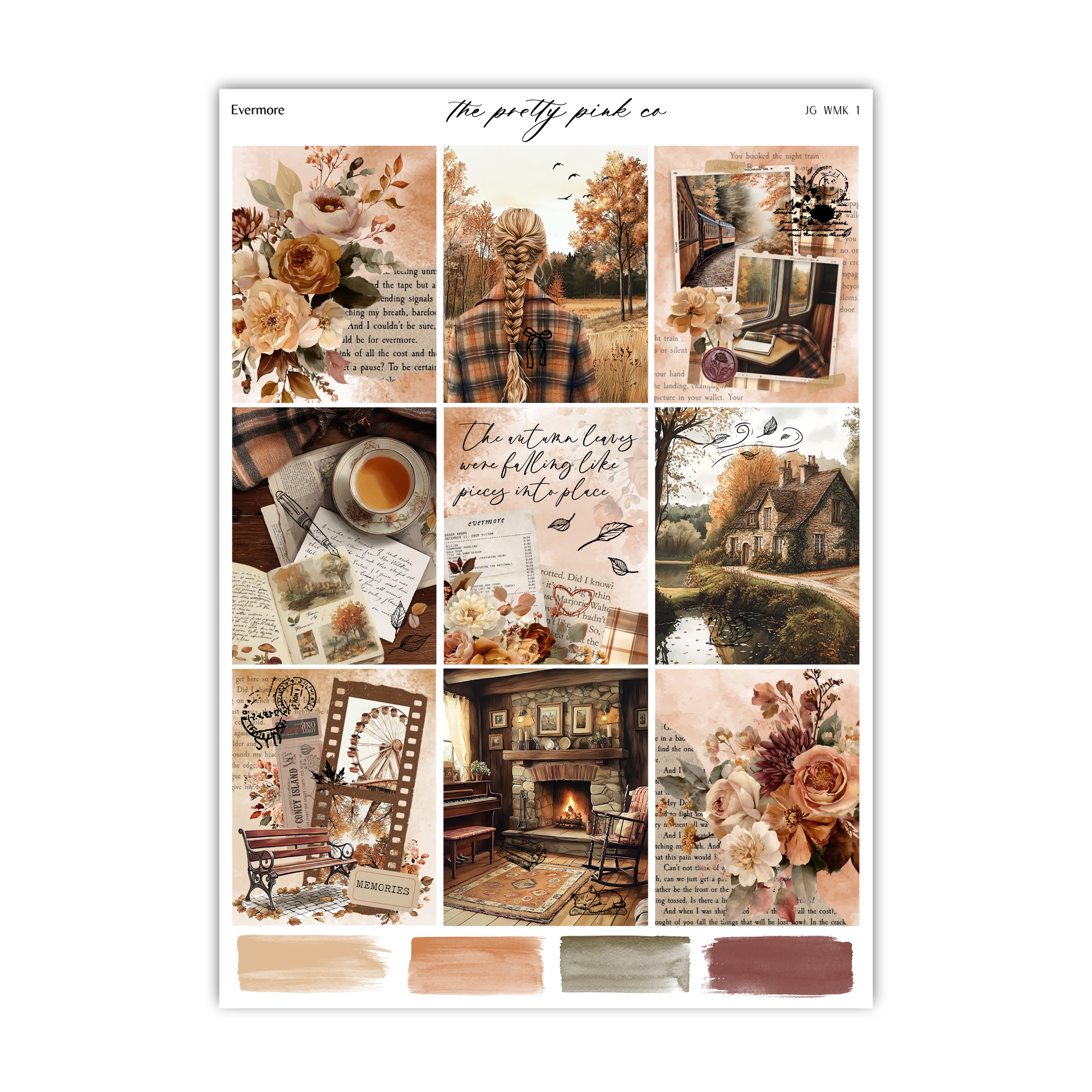 The image is a collage of various autumn-themed images, including floral arrangements, a fireplace, and a cozy indoor scene.