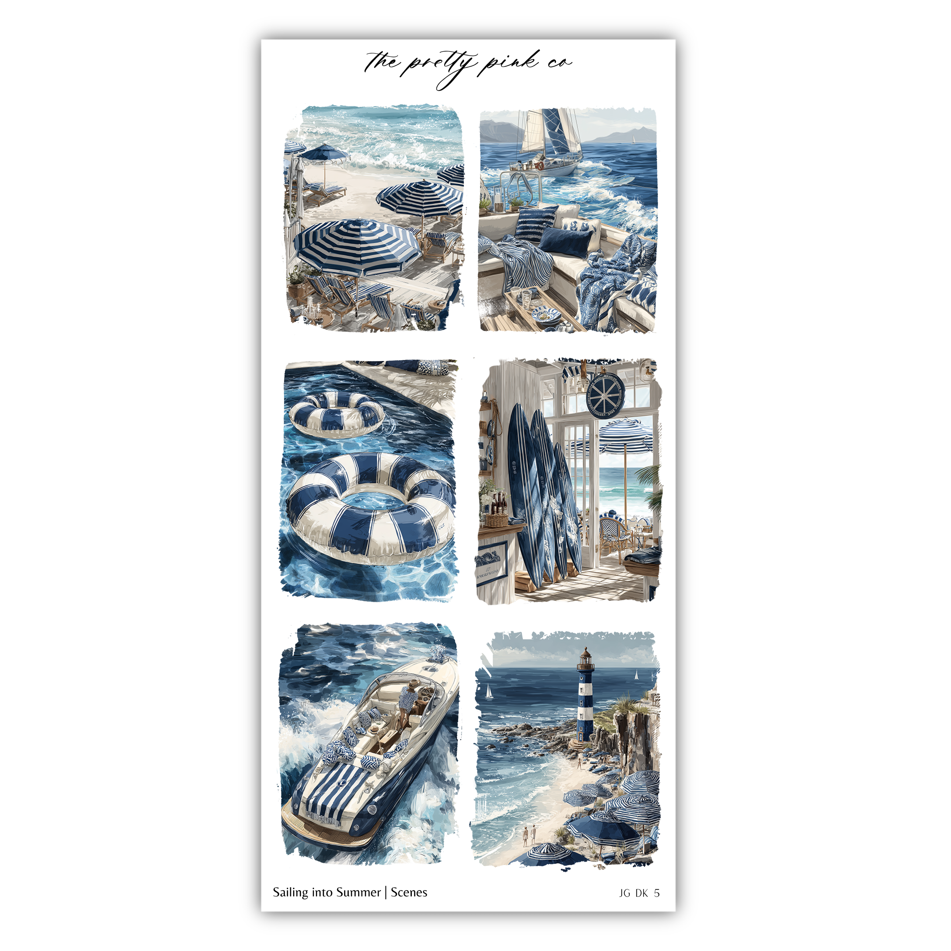 The image is a collage of six pictures depicting various nautical and summer-themed scenes, including beach umbrellas, boats, and lighthouse.