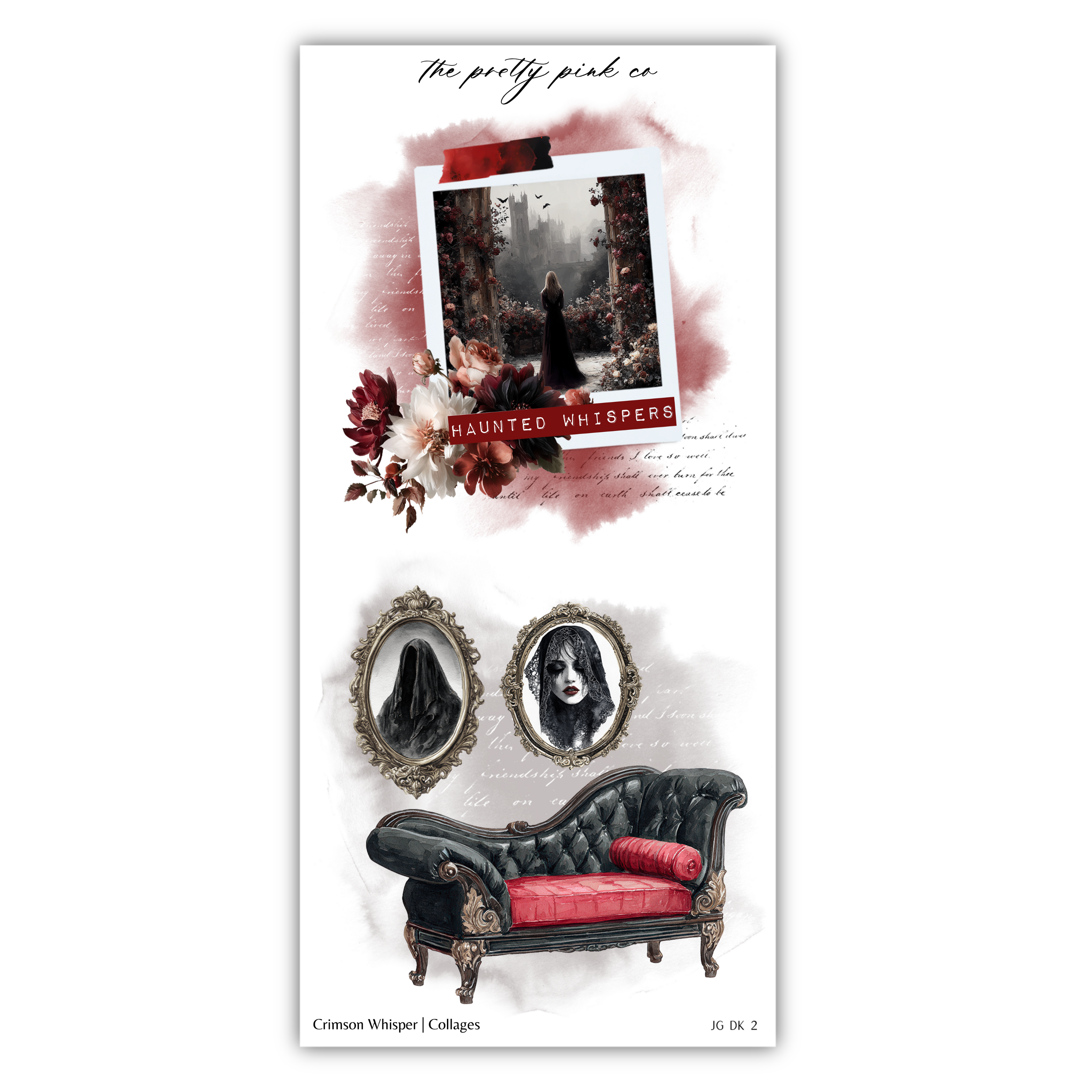The image is a collage featuring a woman in a black dress, a red velvet couch, and two framed portraits of a woman with a black cat.