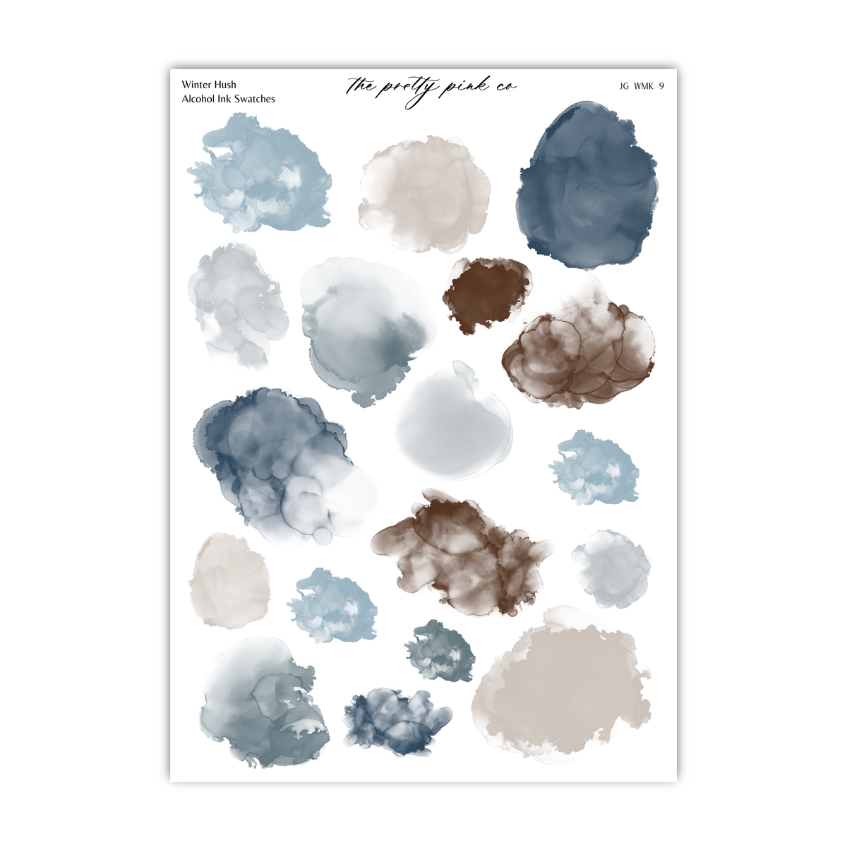 a collection of abstract watercolor brush strokes in various shades of blue, gray, and brown, arranged in a grid-like pattern.