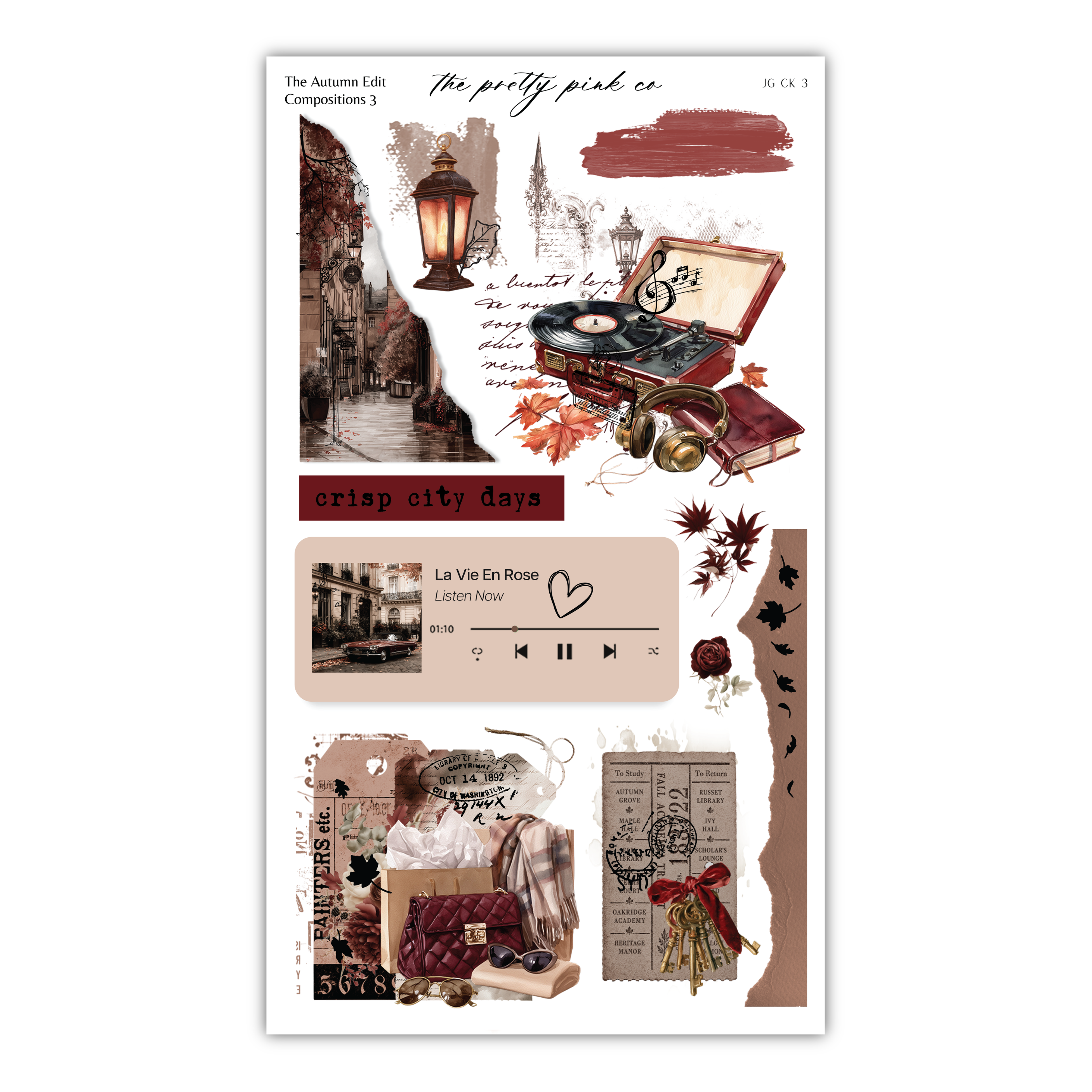 The image is a collage of various elements, including a vintage-style lantern, a record player, a book, and a person sitting on a bench. The collage appears to be a creative and artistic representation of a city scene, possibly inspired by the autumn season.