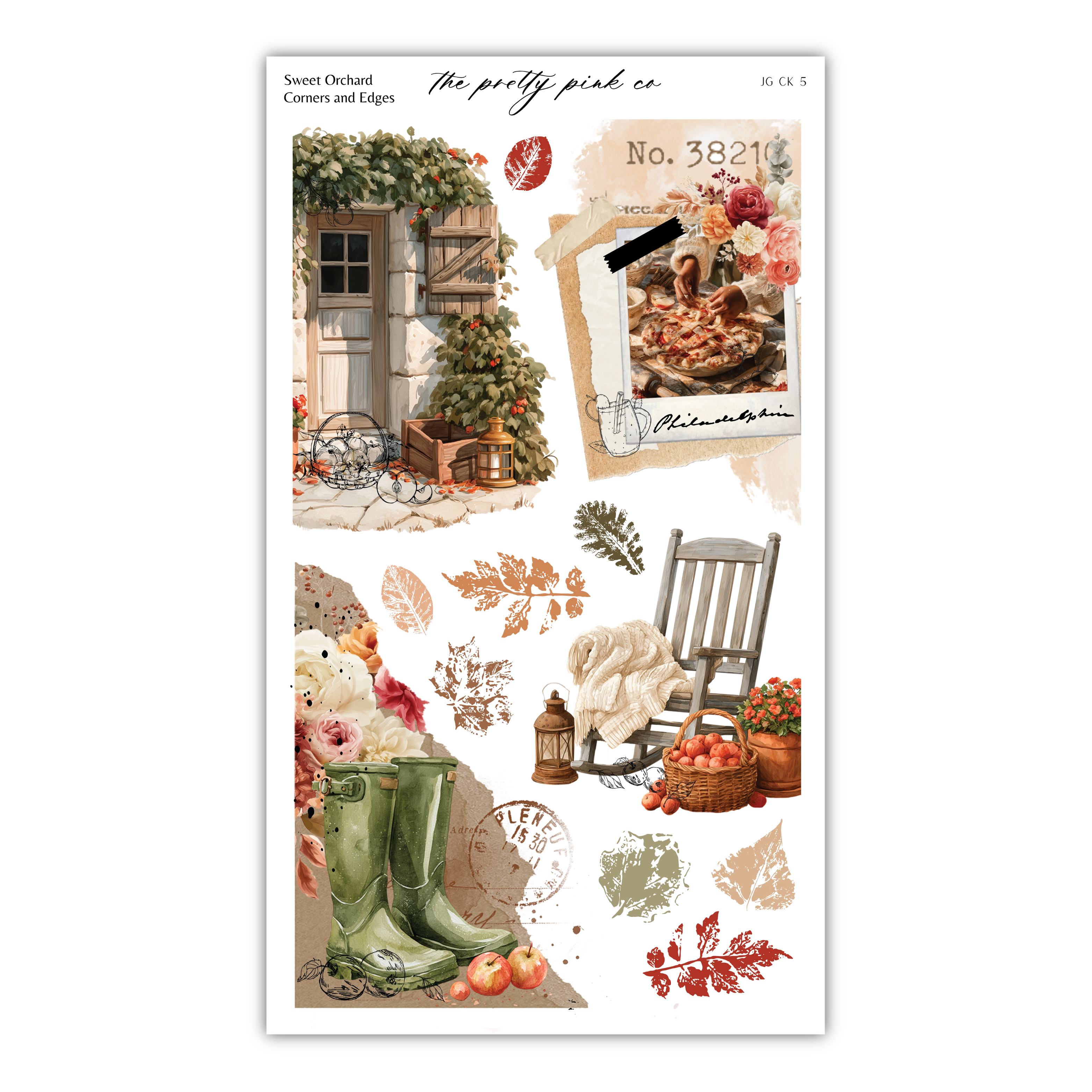 The image is a collage of various autumn-themed elements, including a house, a rocking chair, a basket of apples, flowers, and leaves.